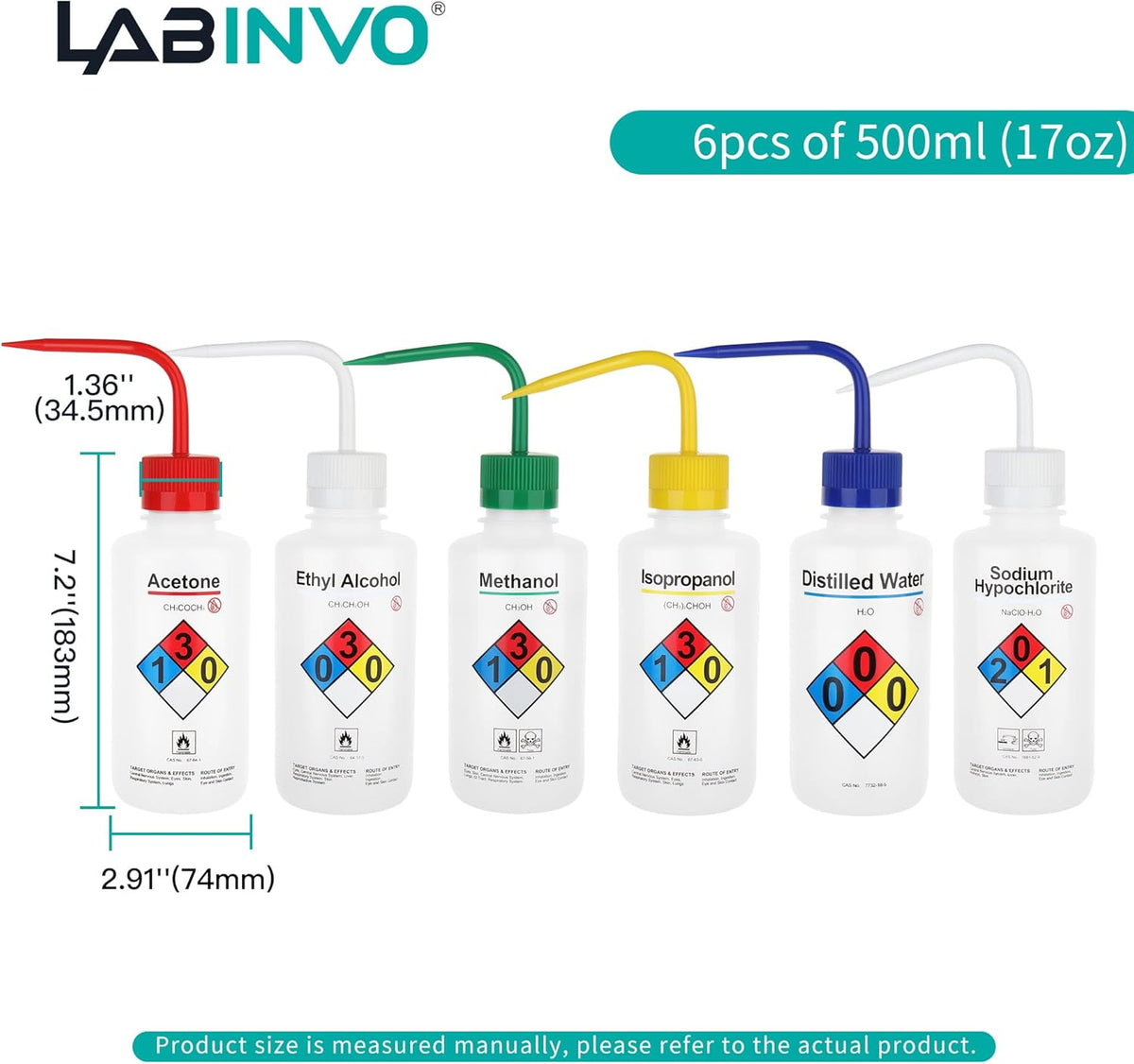 Safety Wash Bottles, Vol.500ml, 6PCS of Lab Rinse Squeeze Bottles, Printed Acetone, Ethyl Alcohol