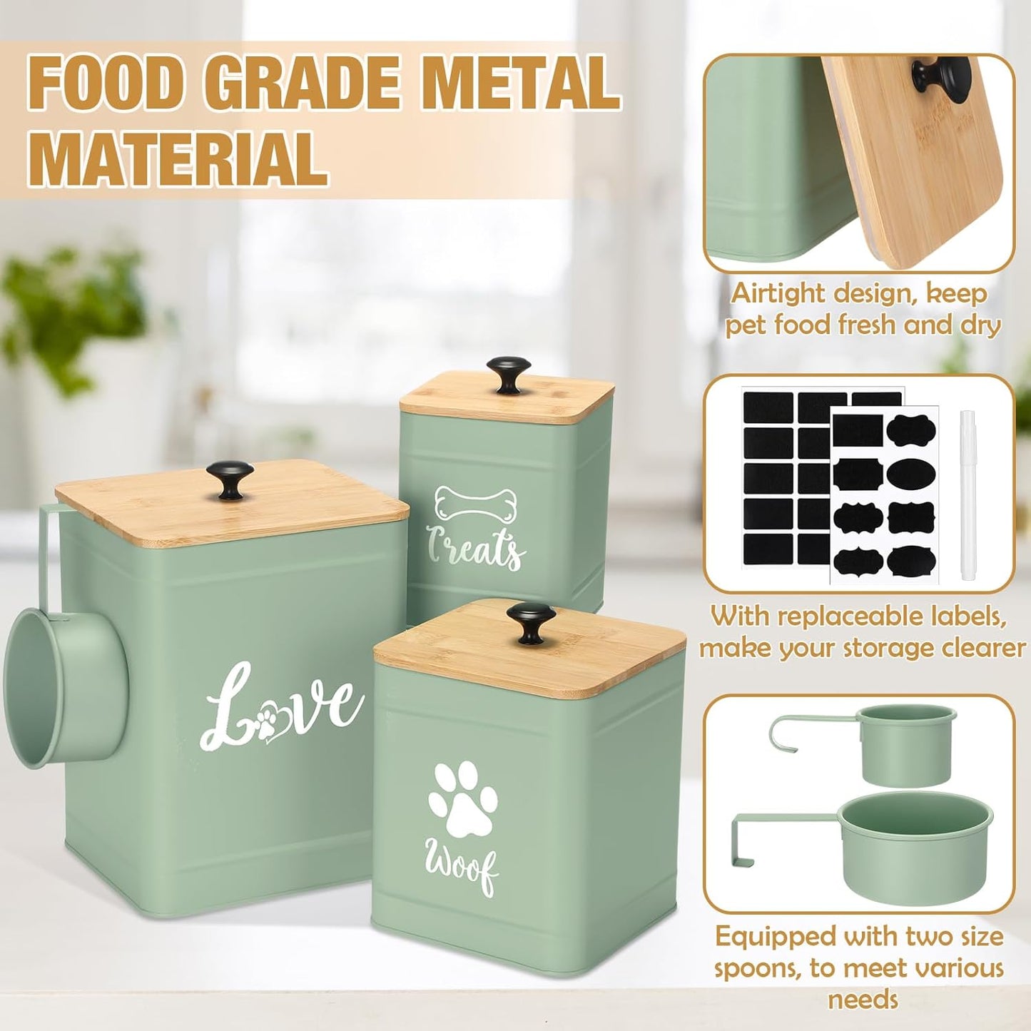 Metal Dog Treat Containers Set of 3 with Bamboo Lids and Spoon Airtight 7+3+2 lbs Dog Food Snack