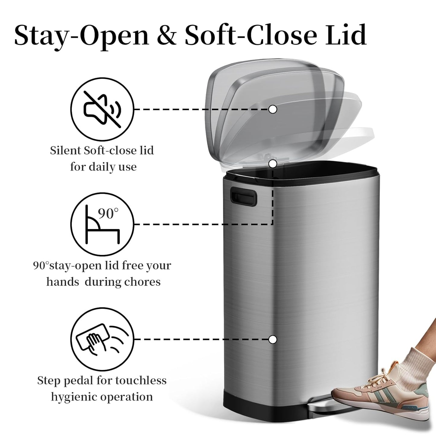 13 Gallon Trash Can with Lid, 50L Fingerprint Proof Stainless Steel Kitchen Trash Can with