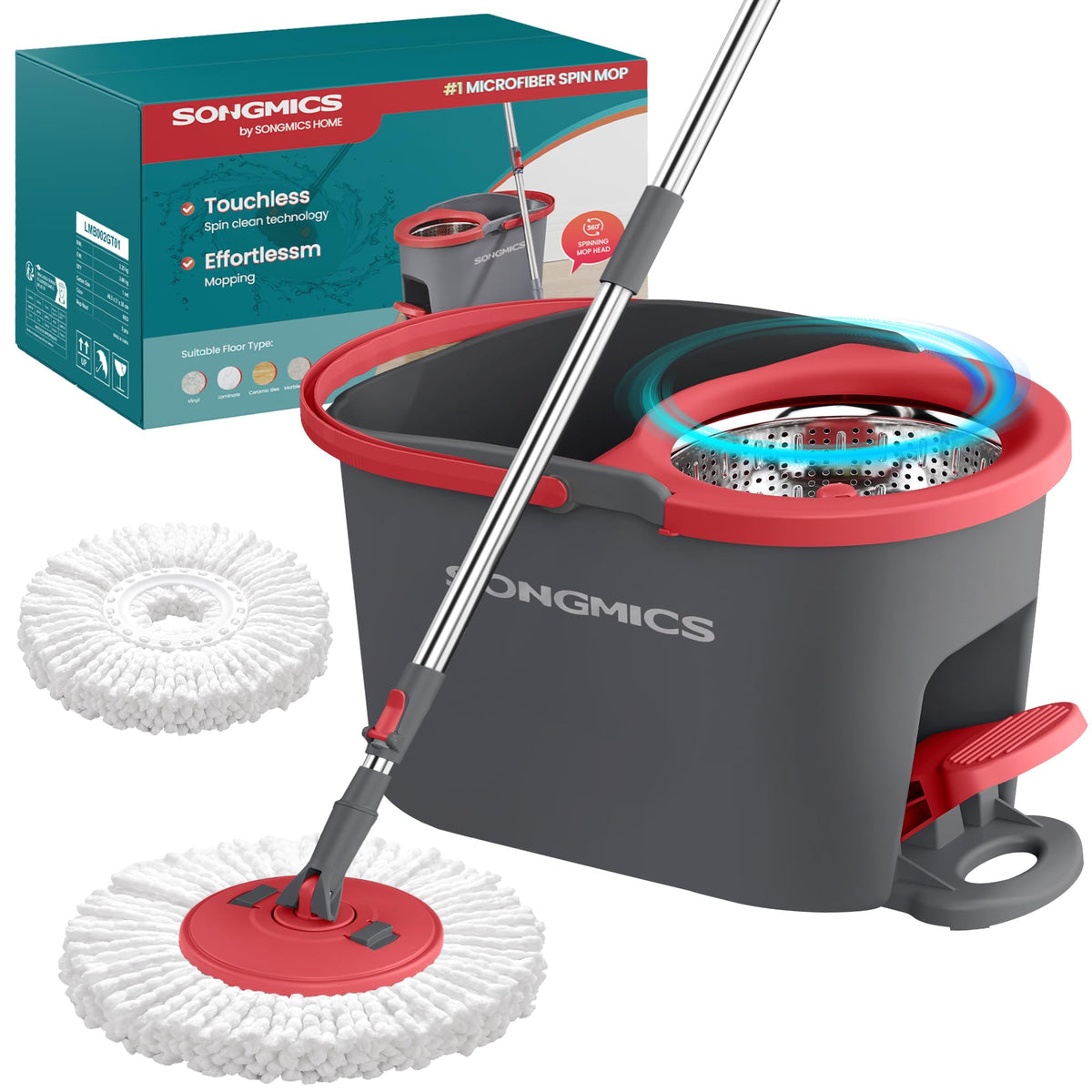 SONGMICS Spin Mop and Bucket Set with Pedal Wringer, Floor Cleaning Mop, Adjustable Telescopic