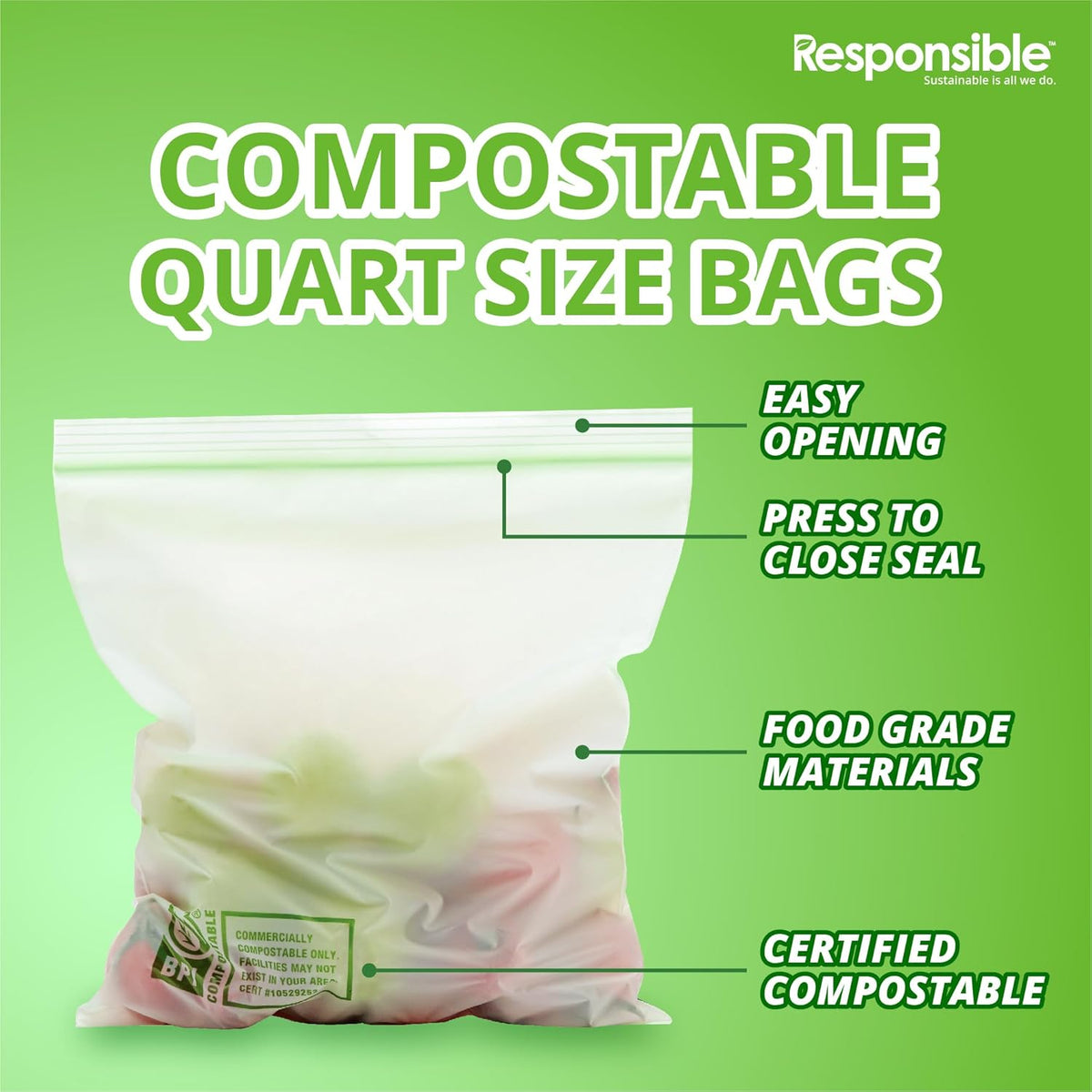 Responsible Products Certified Compostable QUART Resealable Zip Bag, Extra Strength Food Bags