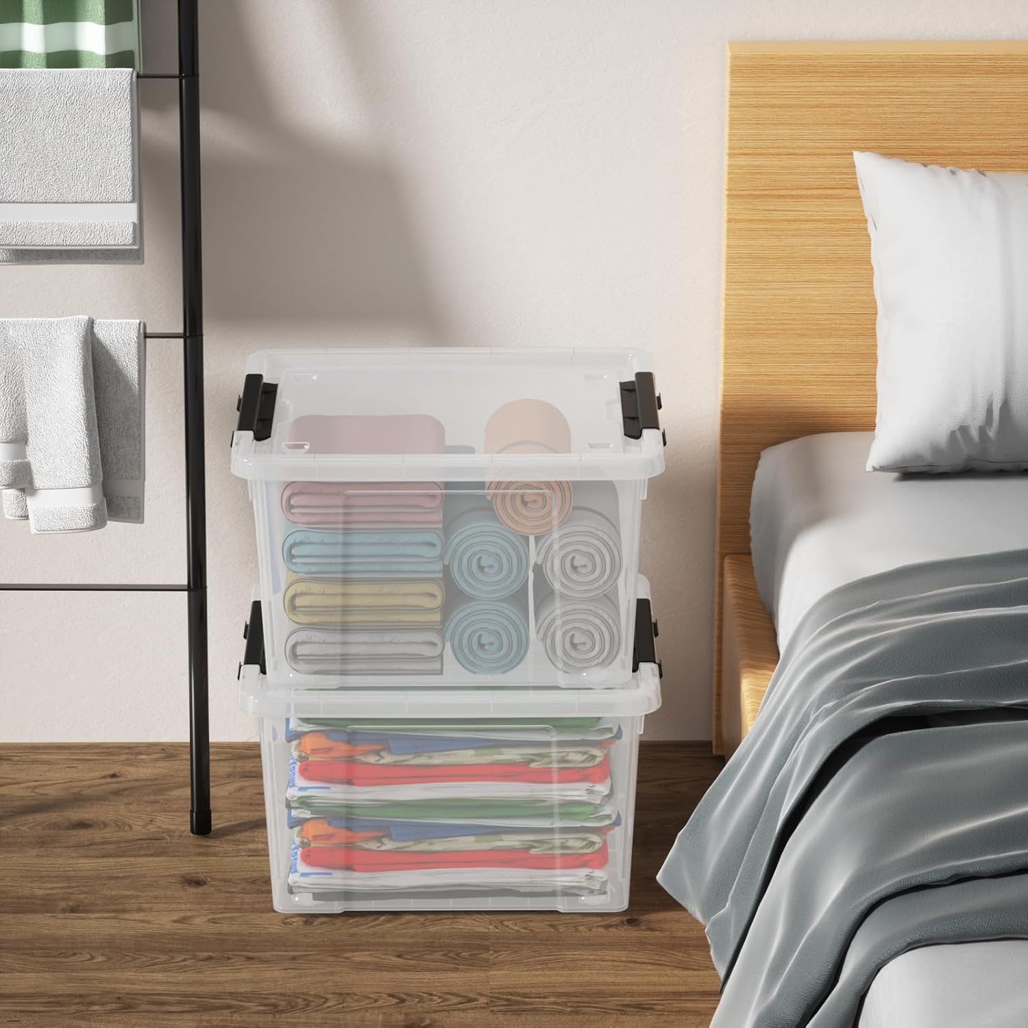 22 Qt Latching Storage Box, Stackable Bin with Latch Lid, Plastic Storage Container Tote, Clear