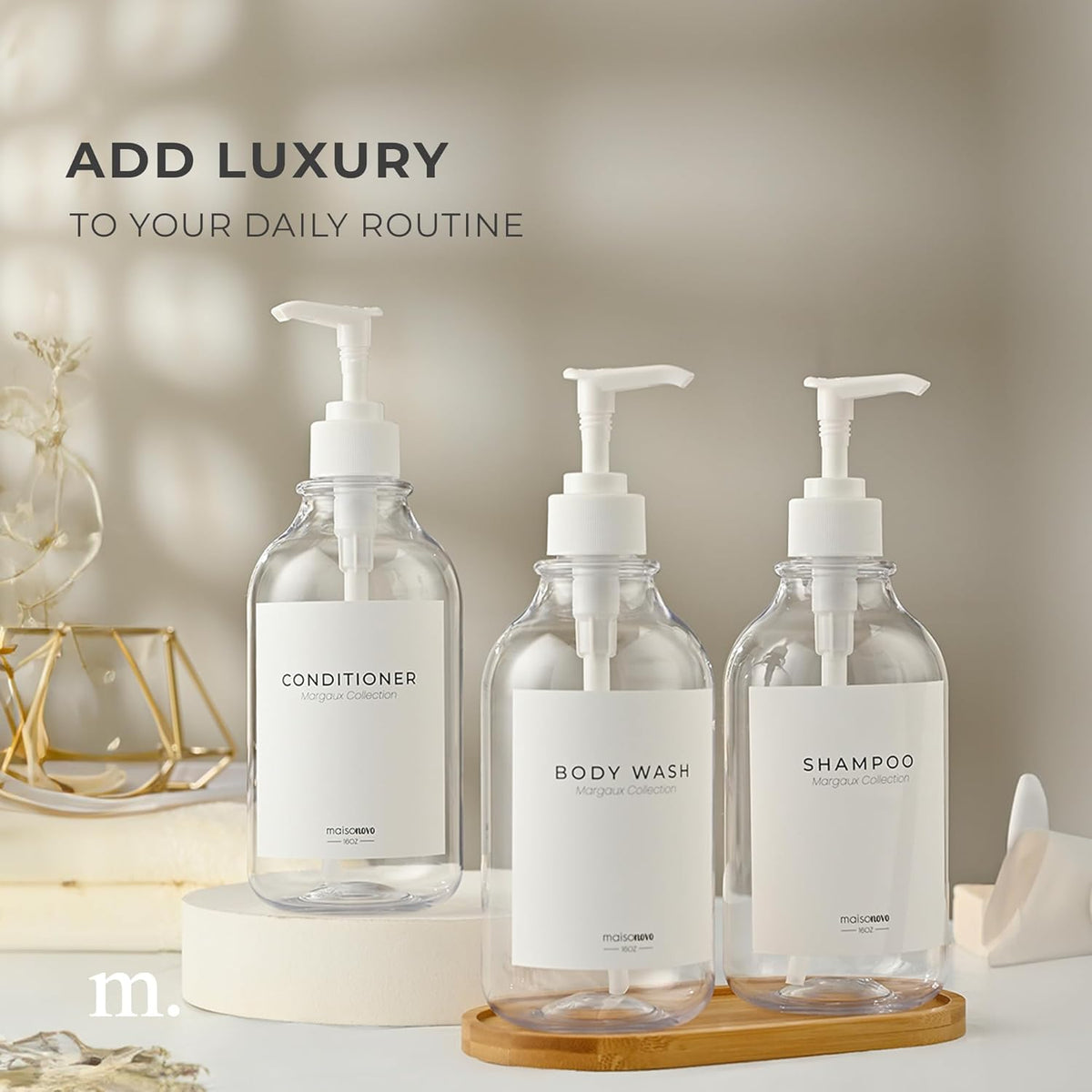 MaisoNovo Refillable Shampoo and Conditioner Bottles | 16.9 fl oz Set of 3 Clear Plastic Bottles