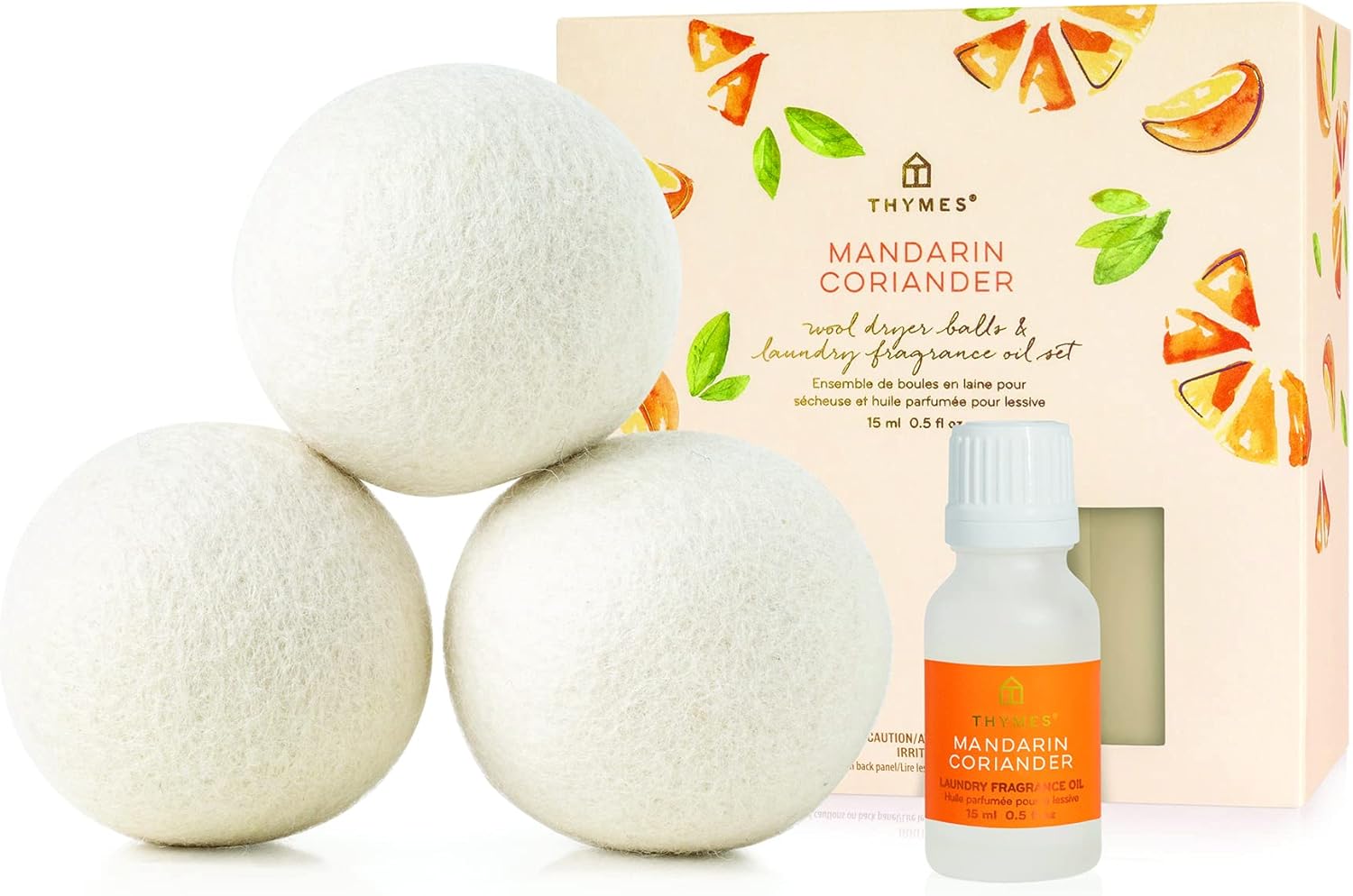 Thymes Wool Dryer Balls Set – Includes 3 Wool Laundry Balls + 1 Scented Laundry Fragrance Oil for