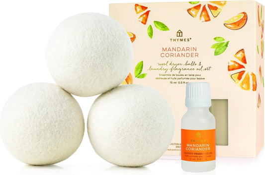 Thymes Wool Dryer Balls Set – Includes 3 Wool Laundry Balls + 1 Scented Laundry Fragrance Oil for