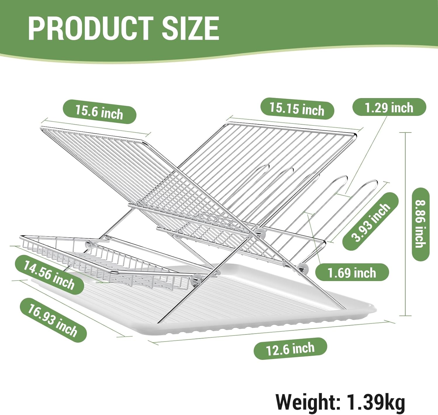 Dish Rack with Drip Tray, Stainless Steel 3-Tier Collapsible Drainer Dish Drying Rack for Kitchen
