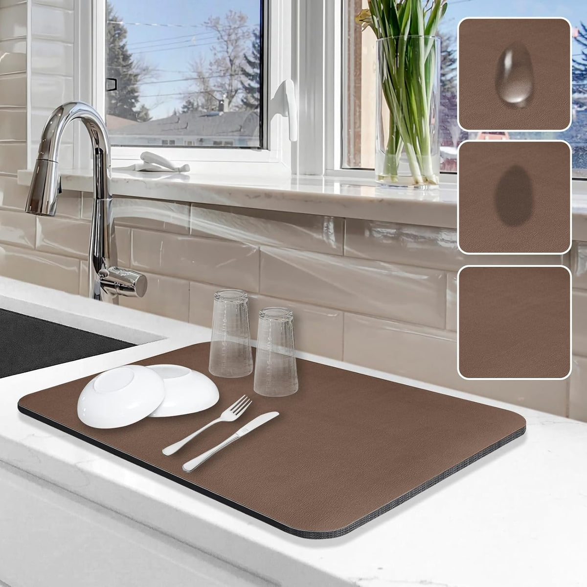 Dish Drying Mat for Kitchen Counter, 12"x19" Dish Drying Pad with Non-slip Rubber Backed, Hide