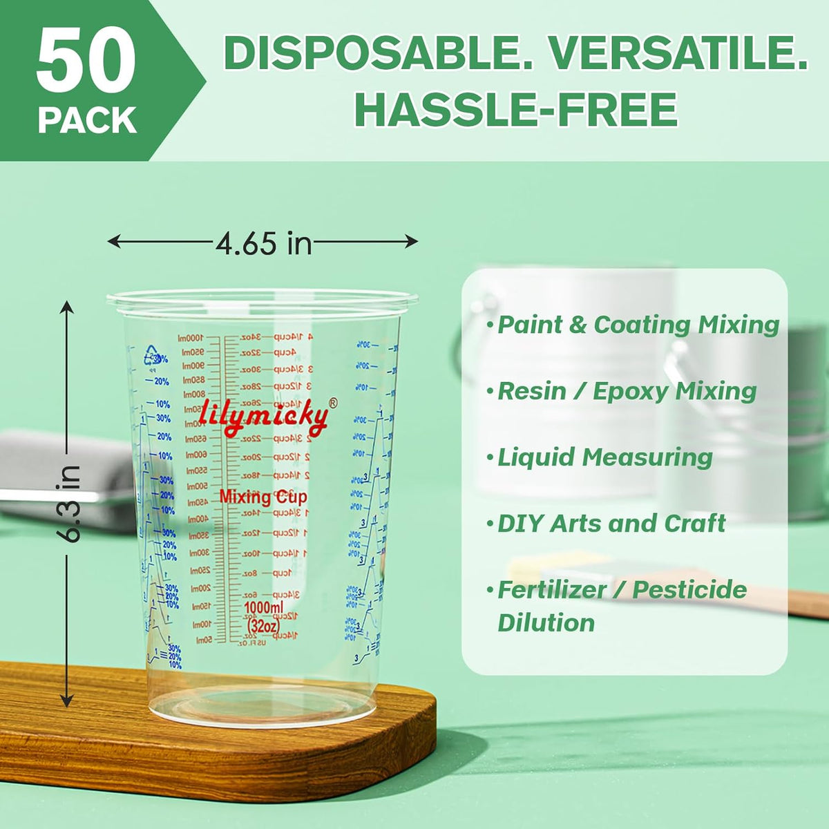50 PACK Plastic Measuring Cups, 32 oz (1000ml) Disposable Mixing Cups, Measurement ratios: 2:1