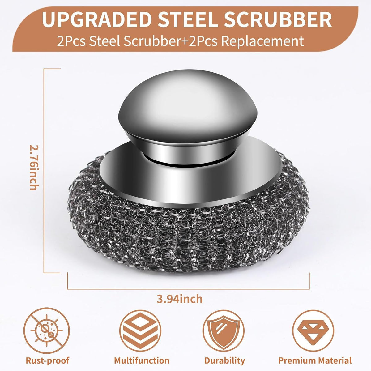 4pcs Steel Wool Scrubber with Replacement Wire Sponge Pads Set, Stainless Steel Scrubber with