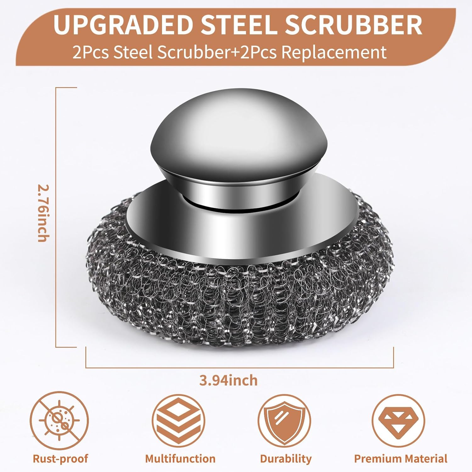 4pcs Steel Wool Scrubber with Replacement Wire Sponge Pads Set, Stainless Steel Scrubber with