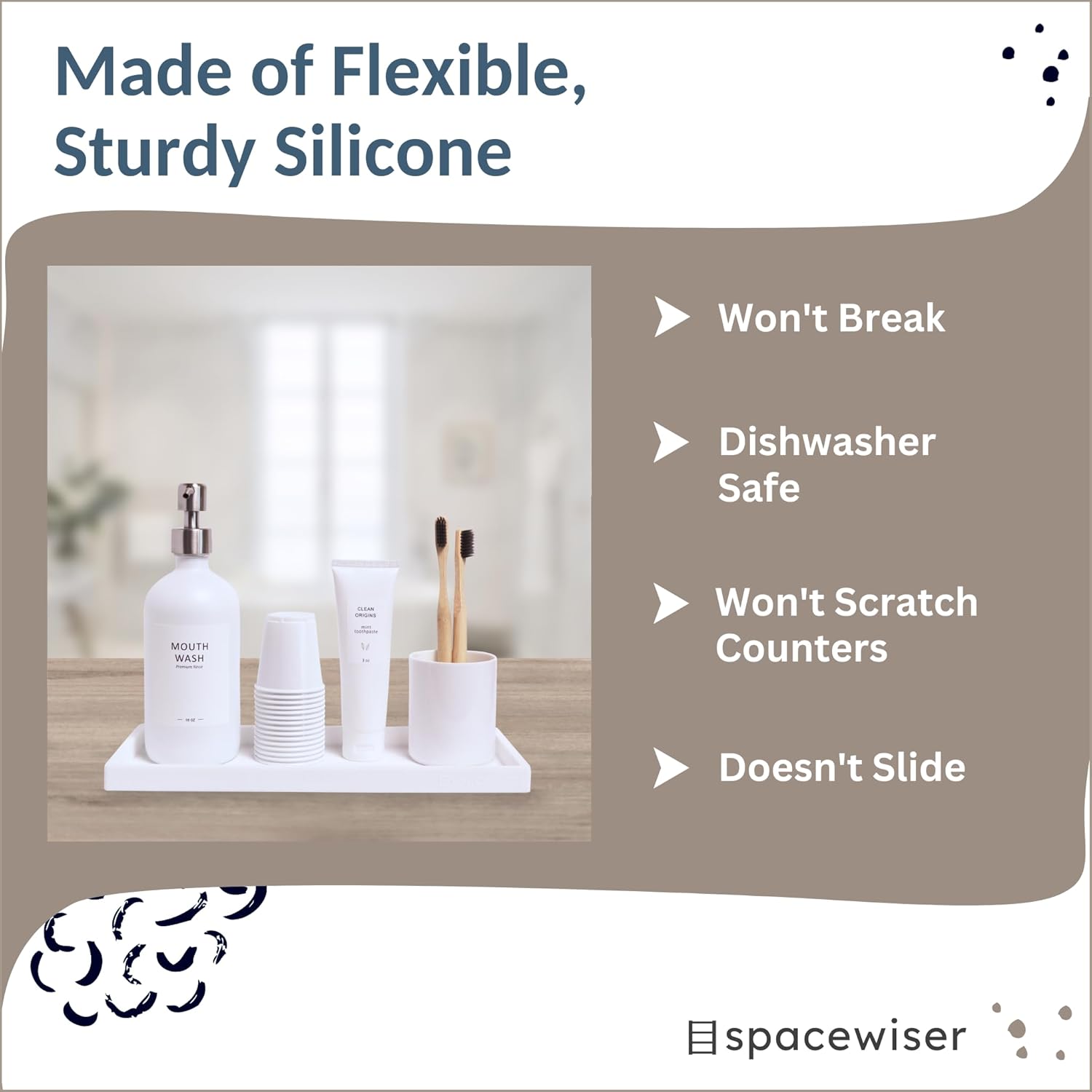 Countertop and Vanity Tray - 2 PC Large 11.7" Silicone Bathroom Trays, Counter Organizer, Dish Soap