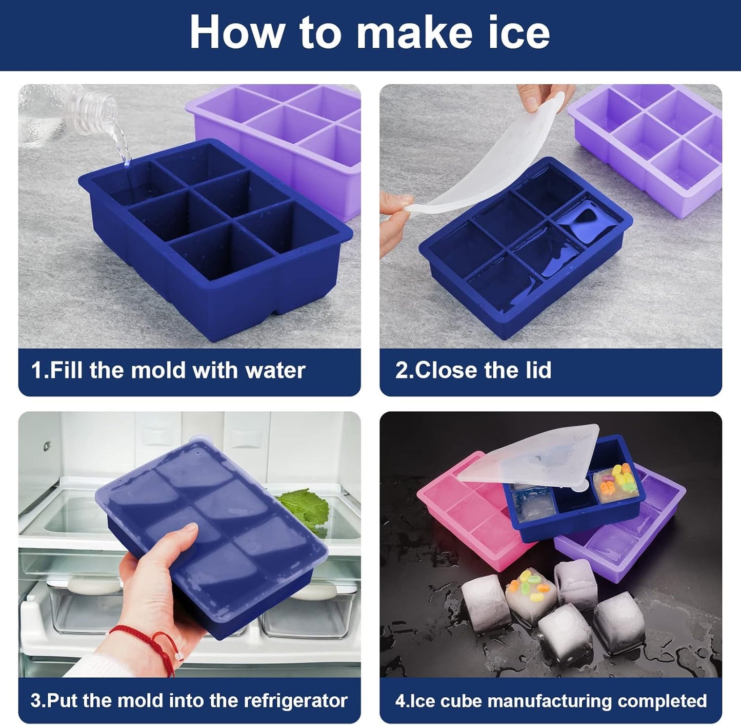 Silicone Ice Cube Trays 3 Pack - Large Size Silicone Ice Cube Molds with Leak Proof Removable Lid