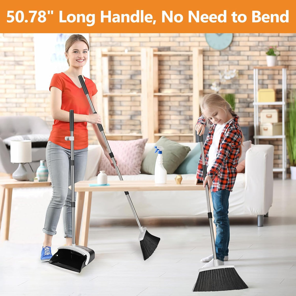 Broom and Dustpan Set, Heavy Duty Dust Pan with Long Handle 51 Inch Broom with Dustpan Combo Set
