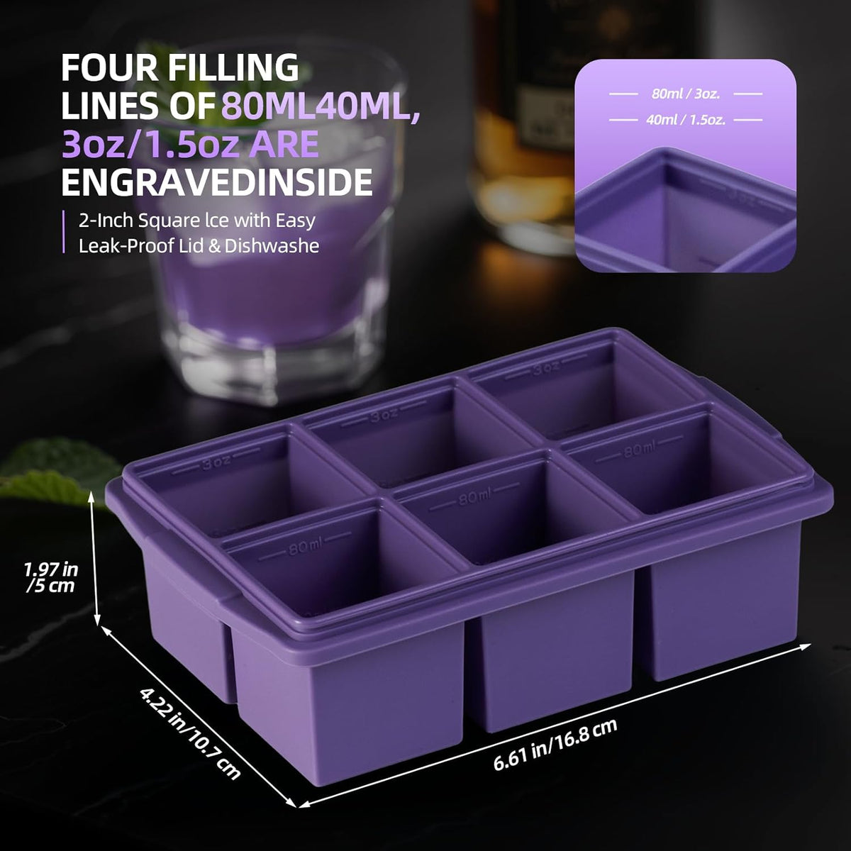 Large Ice Cube Trays for Whiskey (2 Pack) - Silicone Ice Cube Molds with Steel Frame Reinforcement