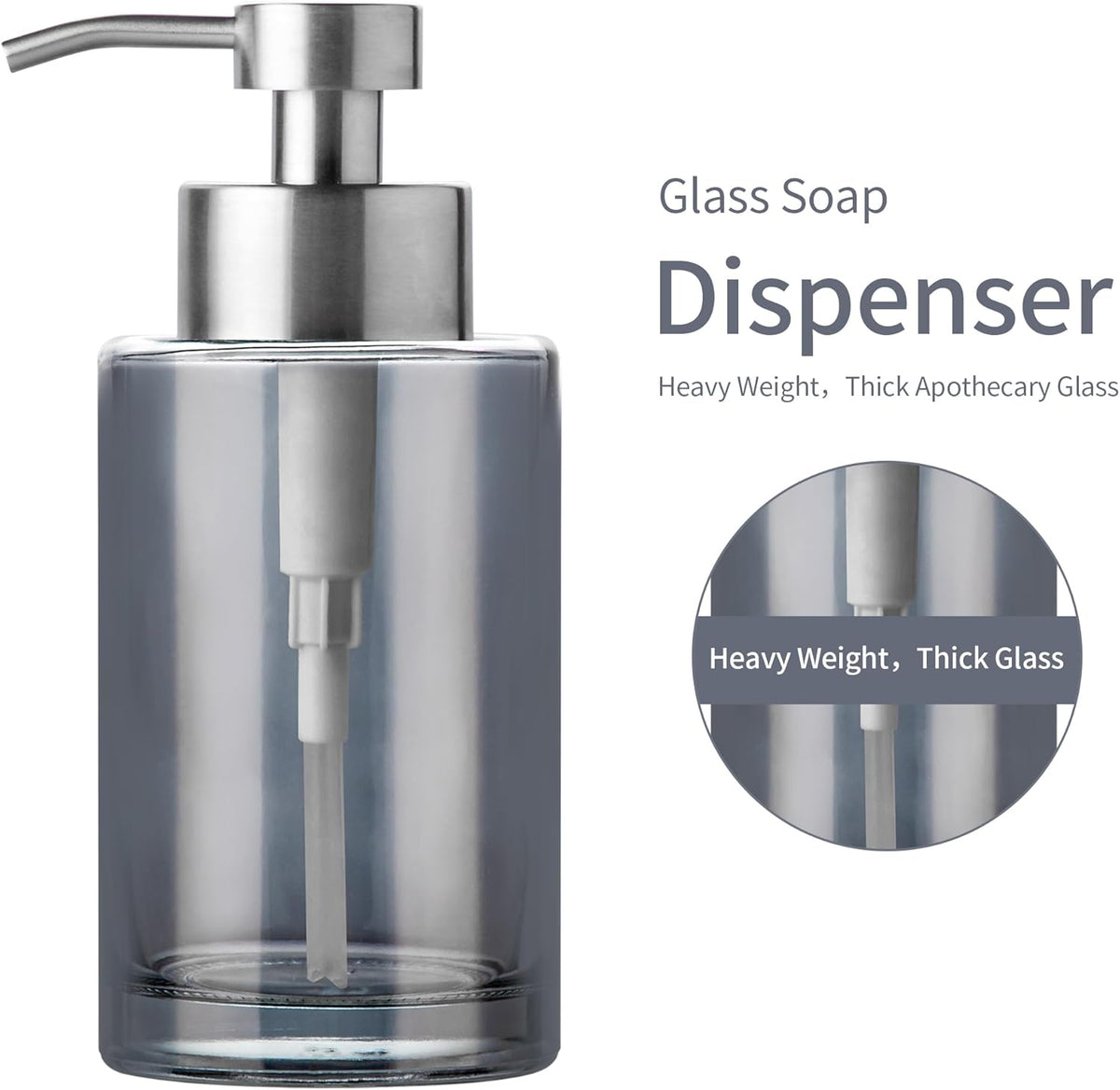 Enra Foaming Soap Dispenser, 12oz Thick Glass Body with Stainless Steel Pump, Bathroom & Kitchen