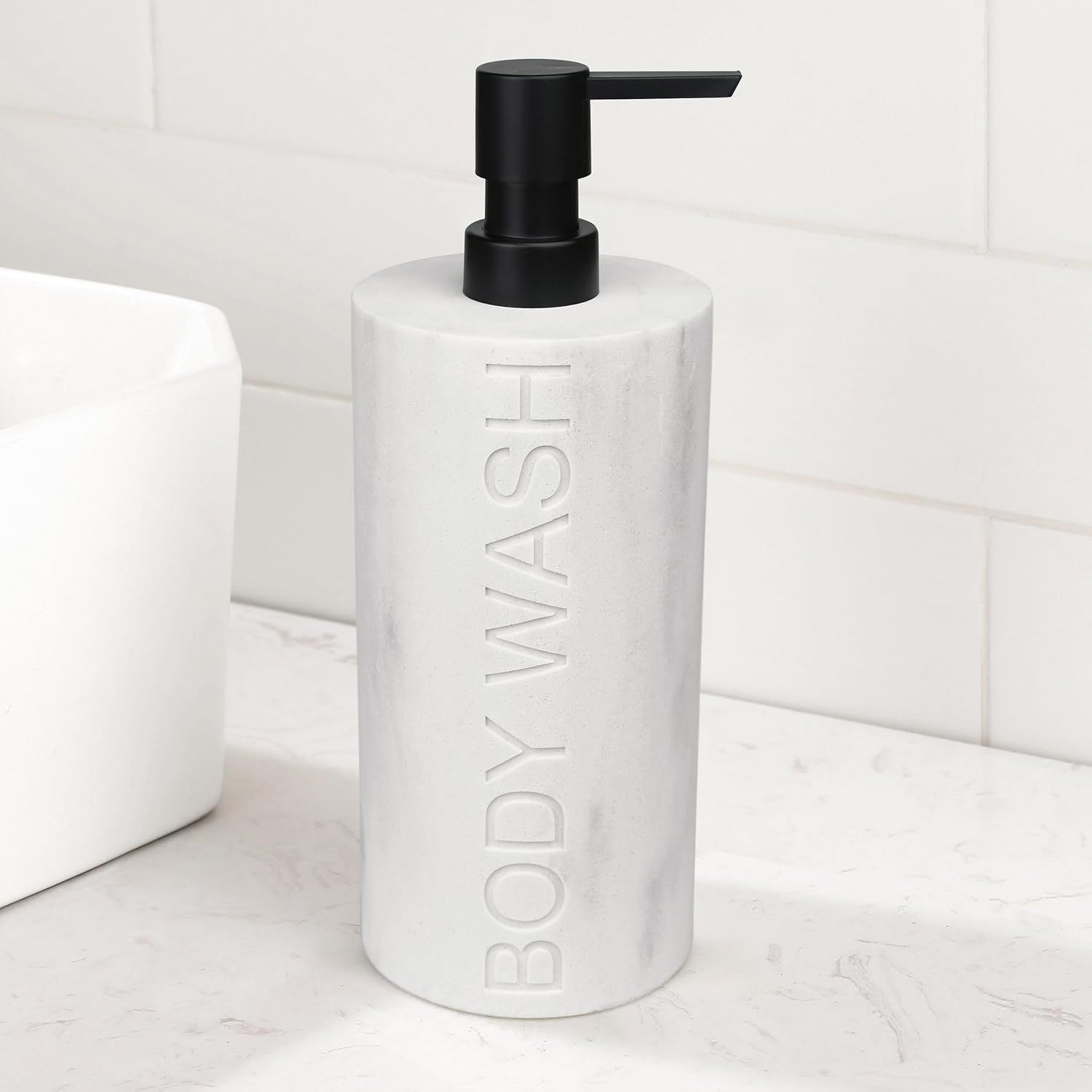 White Body Wash Dispenser Luxurious Refillable Pump Bottle with Embossed Text, Durable Construction