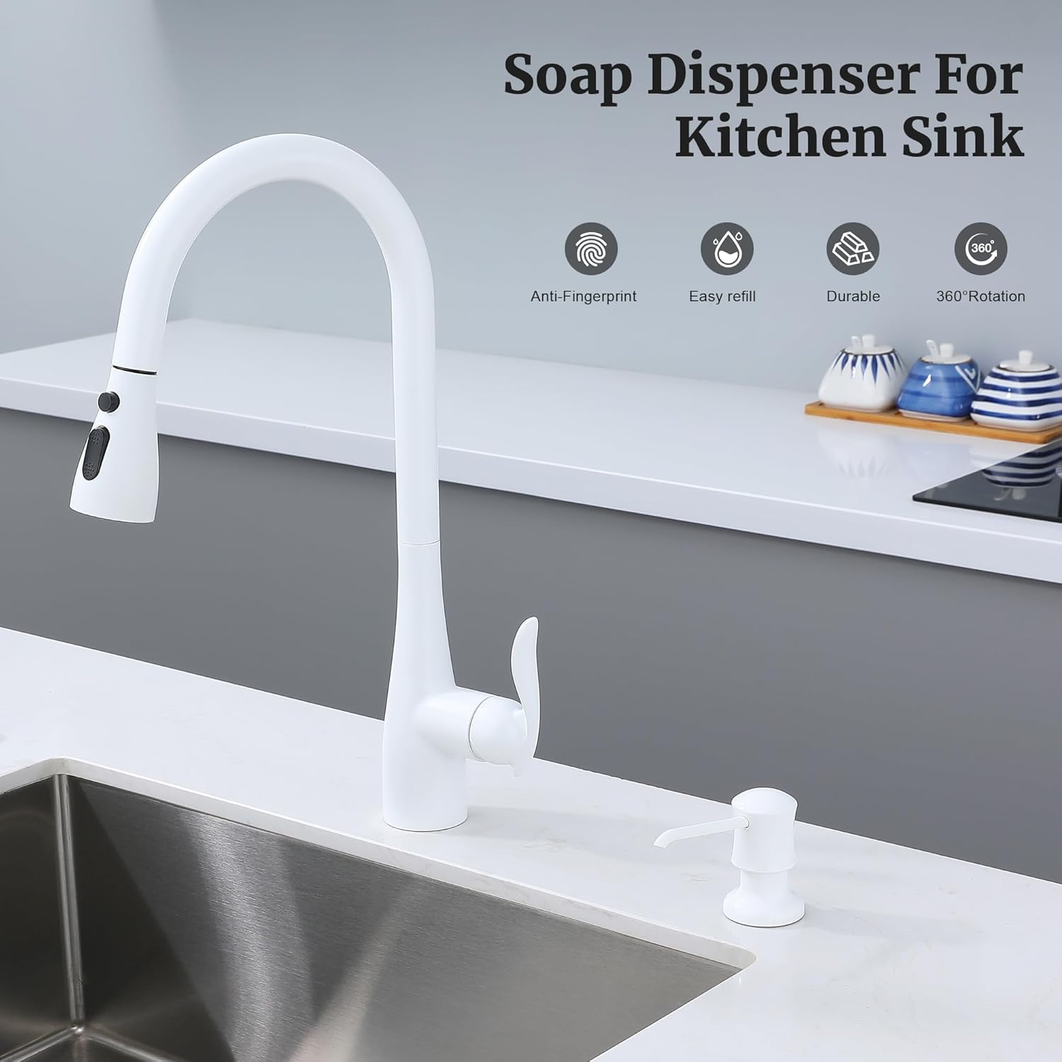White Sink Soap Dispenser for Kitchen Sink (White), Built-in and Refill-from-Top Design with Liquid