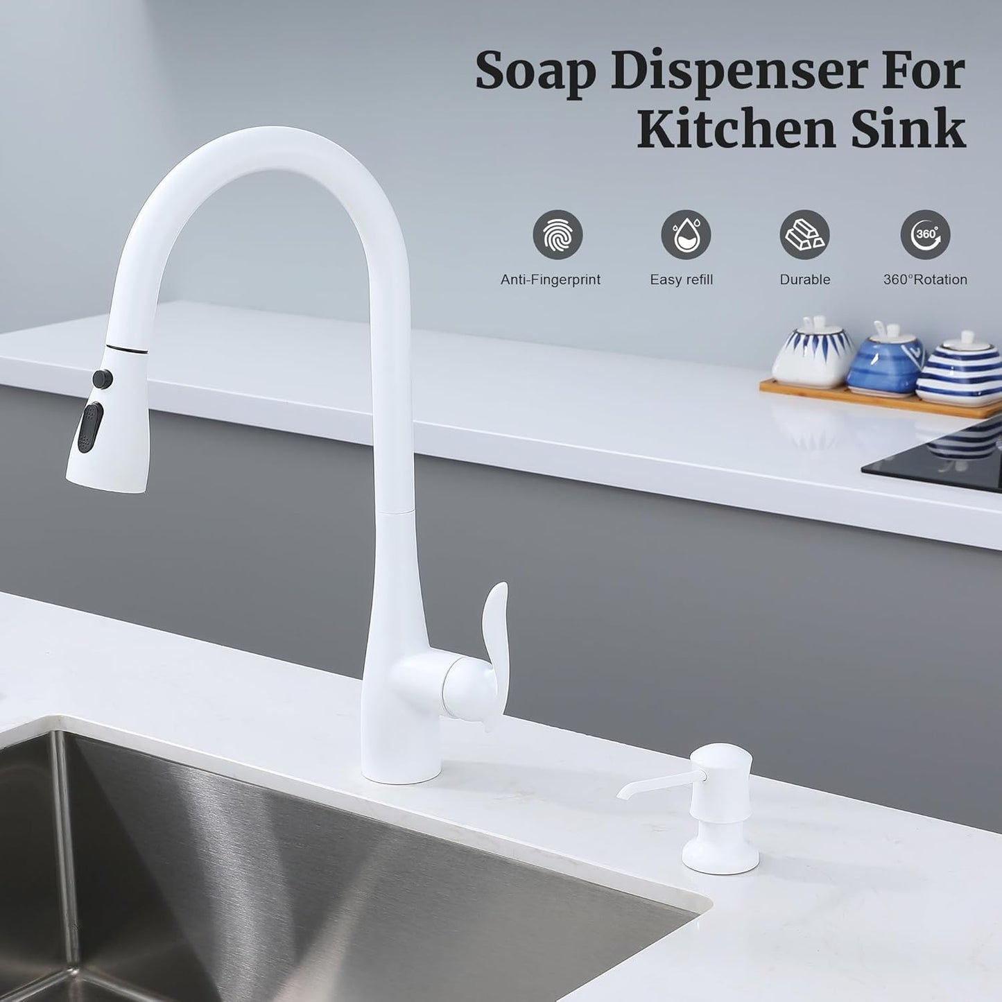 Sink Soap Dispenser for Kitchen Sink White Upgrade with 40" Silicone Extension Tube Kit, Connect to
