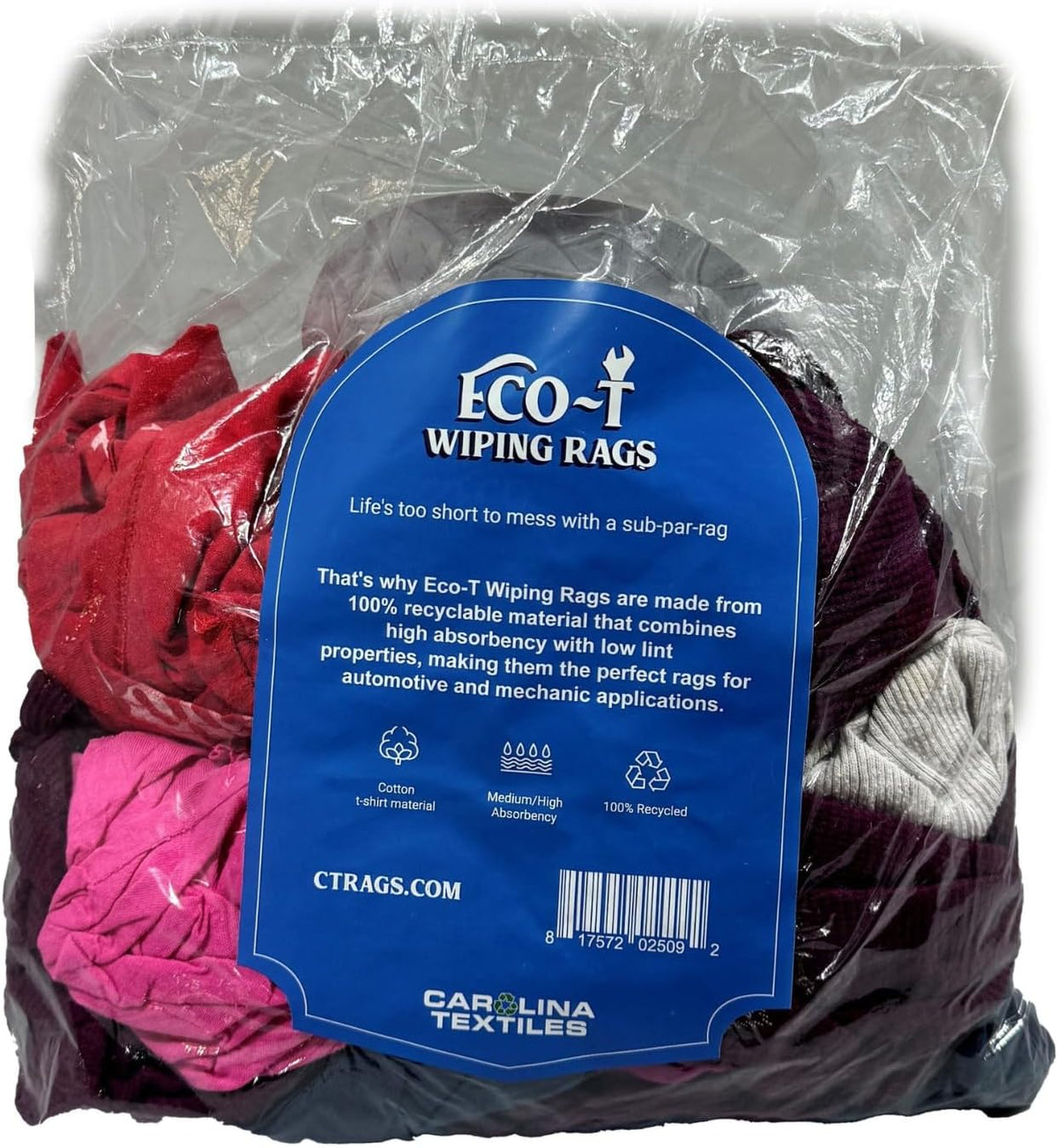 1 Lb Bag Eco-T Mechanic Shop Rags - Colored T-Shirt Material, 100% Recycled, Eco-Friendly, High