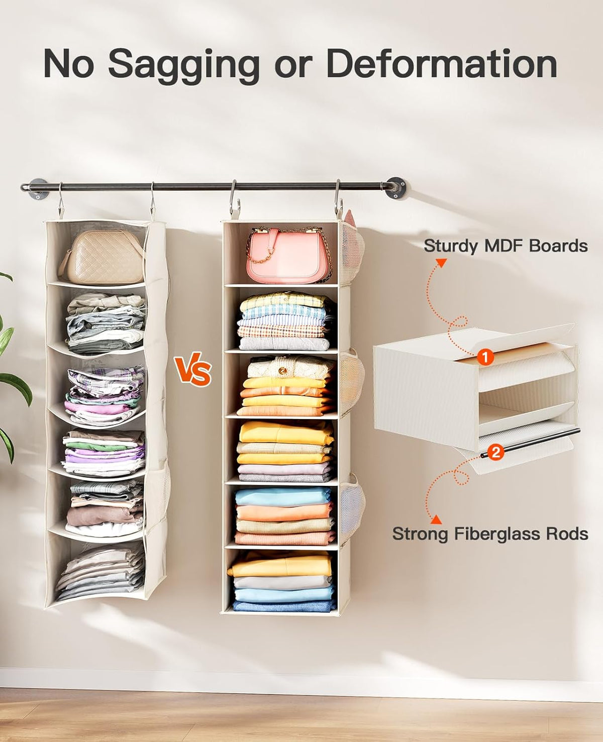 Pipishell Hanging Closet Organizer 6-Shelf, Hanging Shelves for Closet with 3 Removable Drawers &
