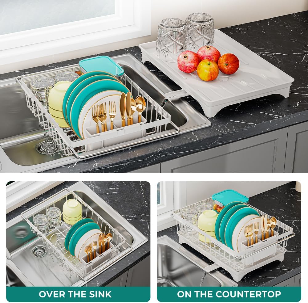 Small Dish Drying Rack in Sink, Expandable Stainless Steel Dish Drainers for Kitchen Counter, with