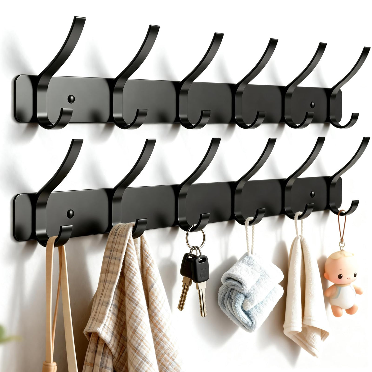 ZBDPOVT Wall Mounted Coat Rack, 6 Hooks for Hanging Clothes, Black, 2-Pack