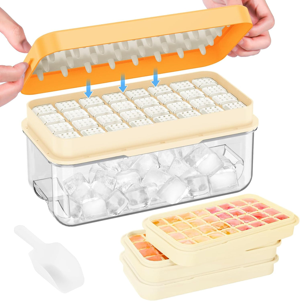 PHINOX Ice Cube Tray with Lid and Bin, 3 Pack Plastic Ice Cube Tray Molds, 96(4 * 8 * 3) pcs Ice