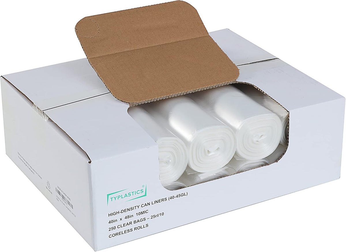TYPLASTICS 40-45 Gallon Clear Trash Can Liners - 40" x 48" – High Density Garbage Bags - Case of