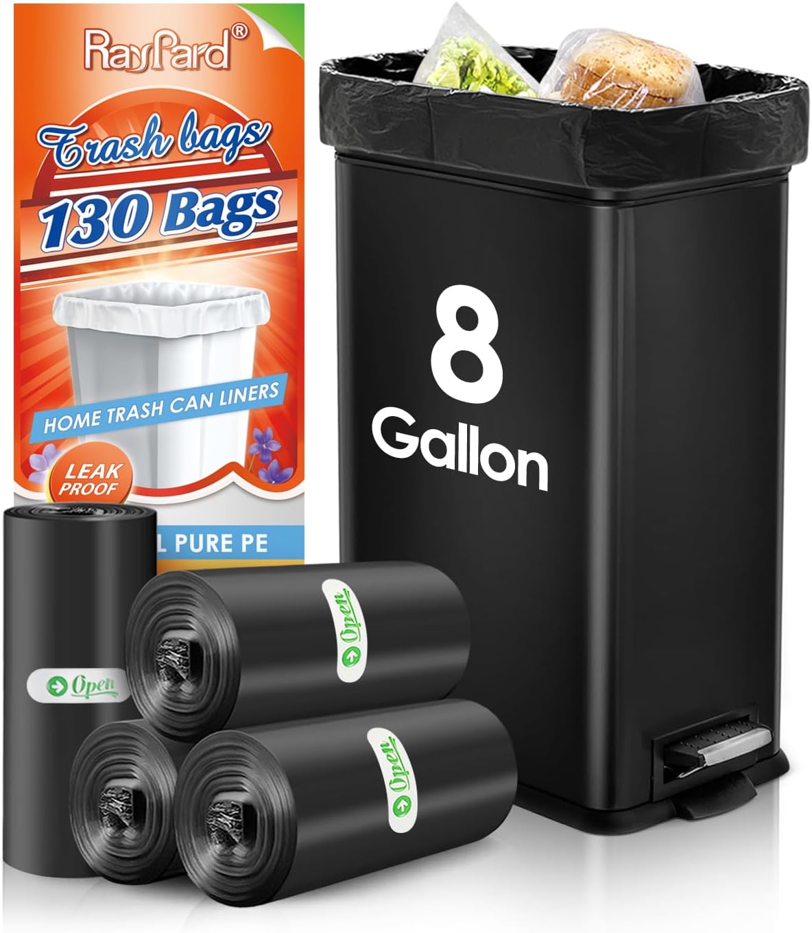 8 Gallon 130 Counts Strong Trash Bags Garbage Bags by RayPard, fit 30 Liter Kitchen Waste Basket