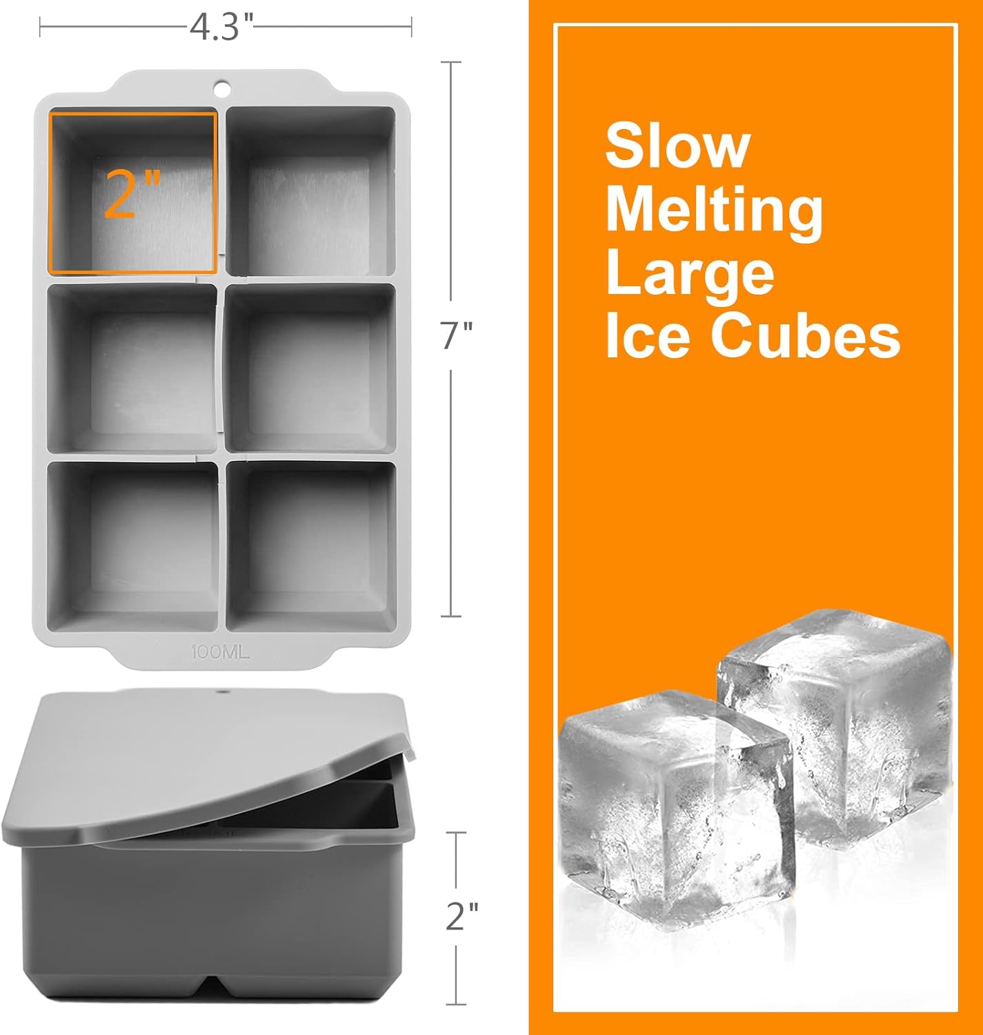 Nax Caki Large Ice Cube Tray with Lid, Stackable Big Silicone Square Ice Cube Mold for Whiskey