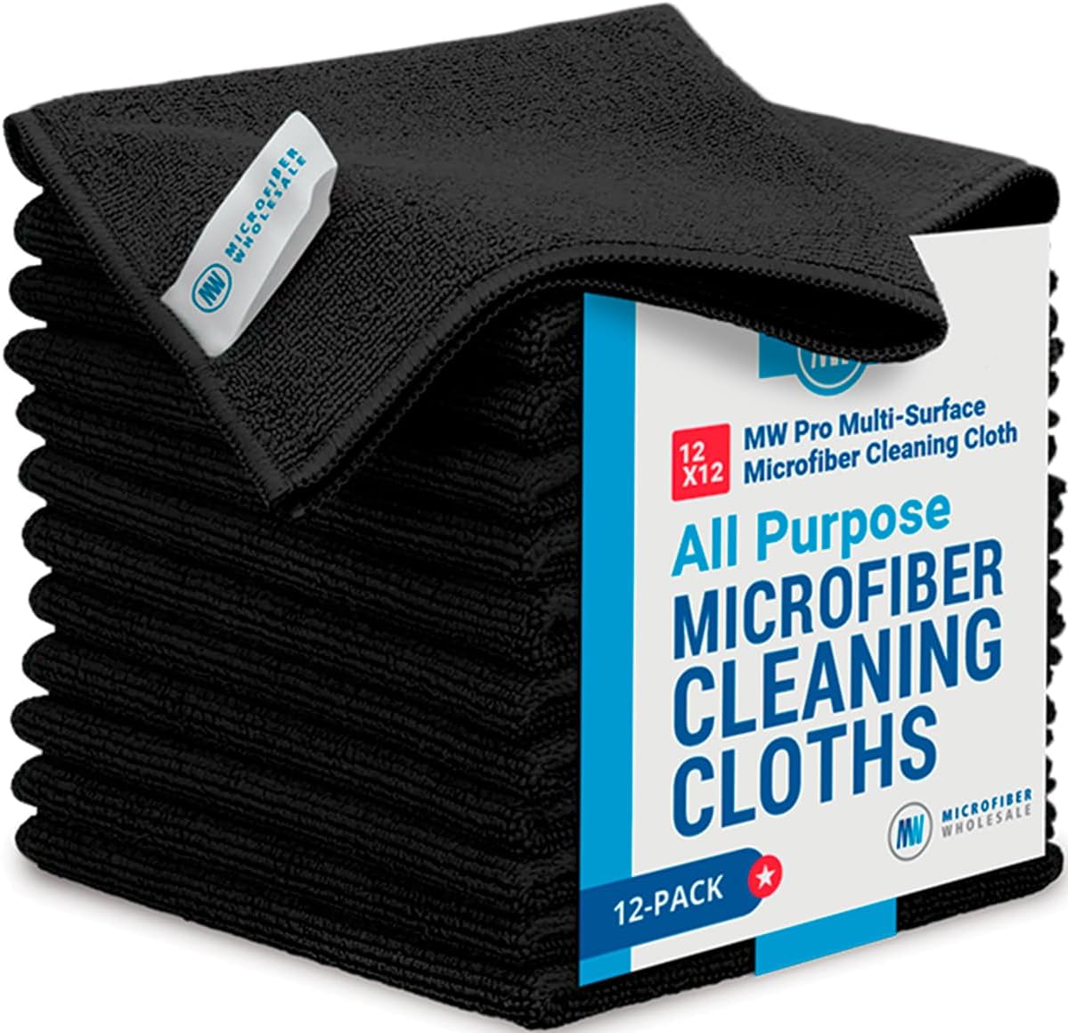 12" x 12" Pro Multi-Surface Microfiber Cleaning Cloths | Black - 12 Pack | Premium Microfiber