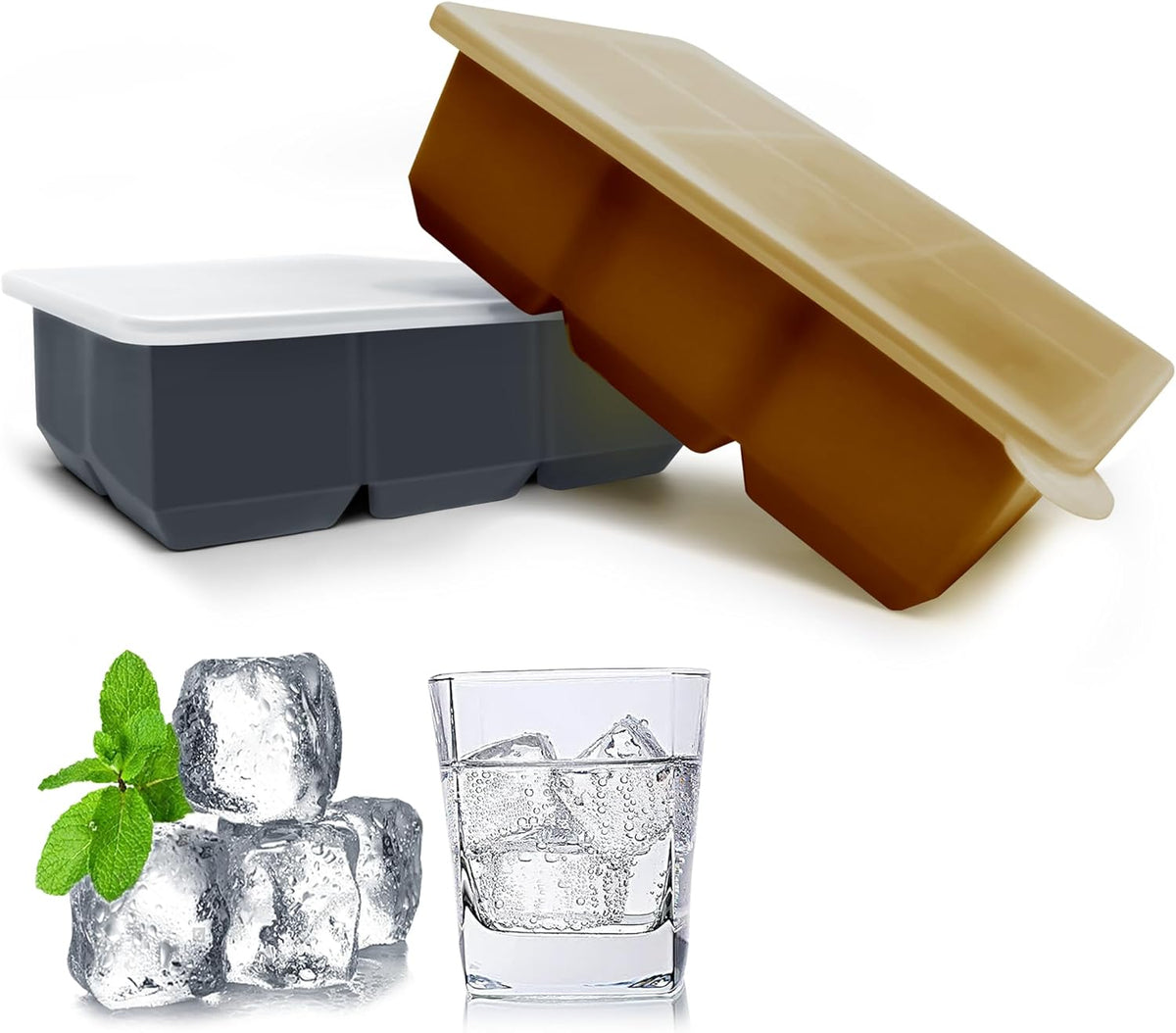 Silicone Ice Cube Trays with Lids,Large Square Ice Cube Molds for Freezer, Whiskey, Cocktail