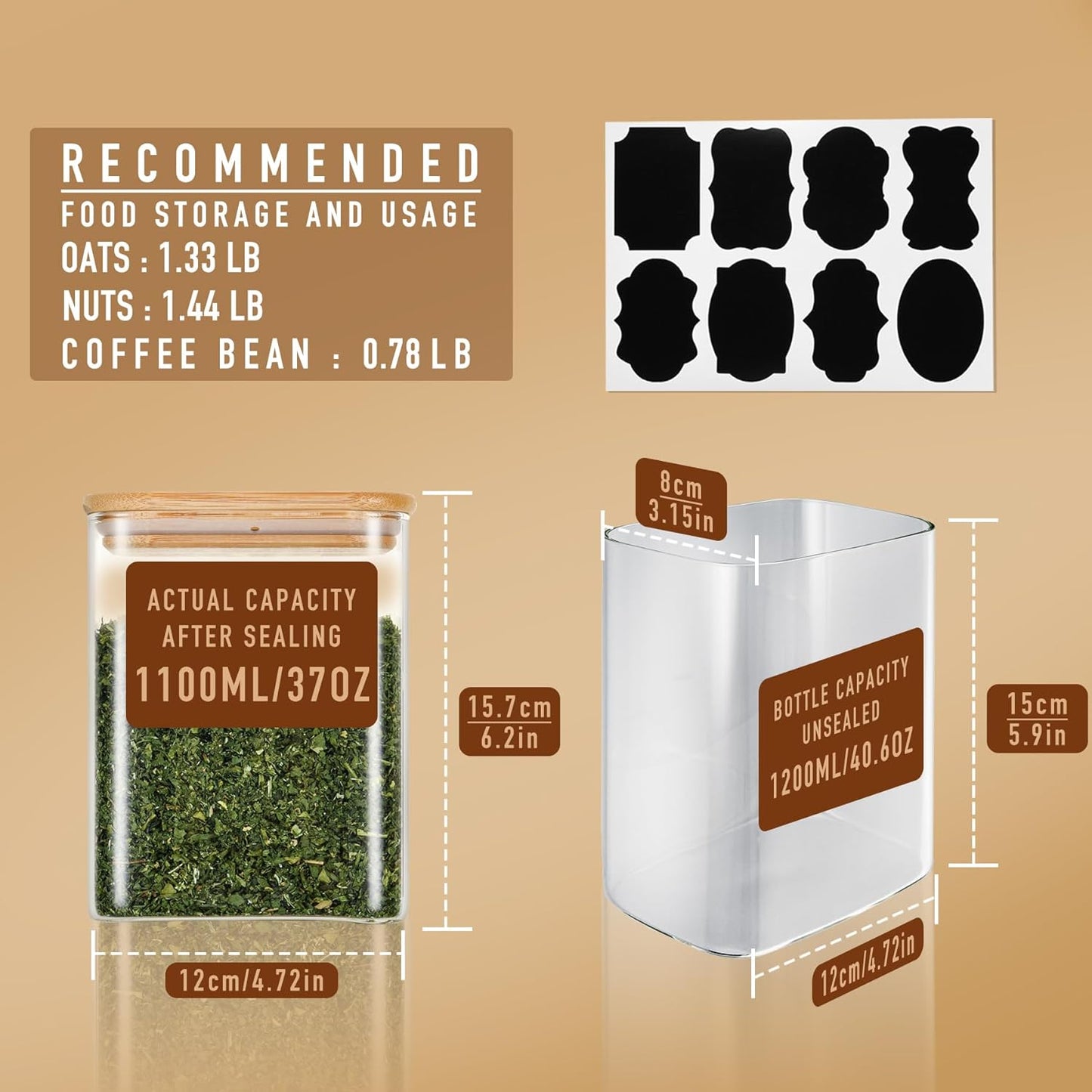 37oz Rectangle Airtight Glass Storage Containers with Bamboo Lids (Set of 4), Square Food Storage