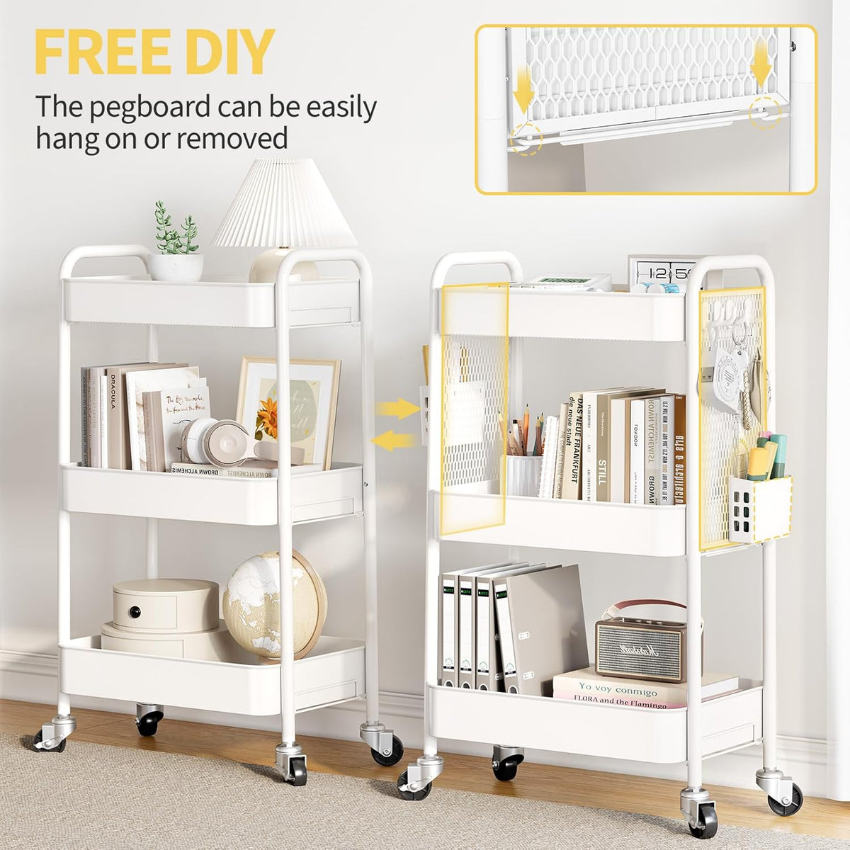 TOOLF 3 Tier Rolling Cart Storage Organizer, Metal Rolling Utility Cart with Wheels, Hooks & Bins