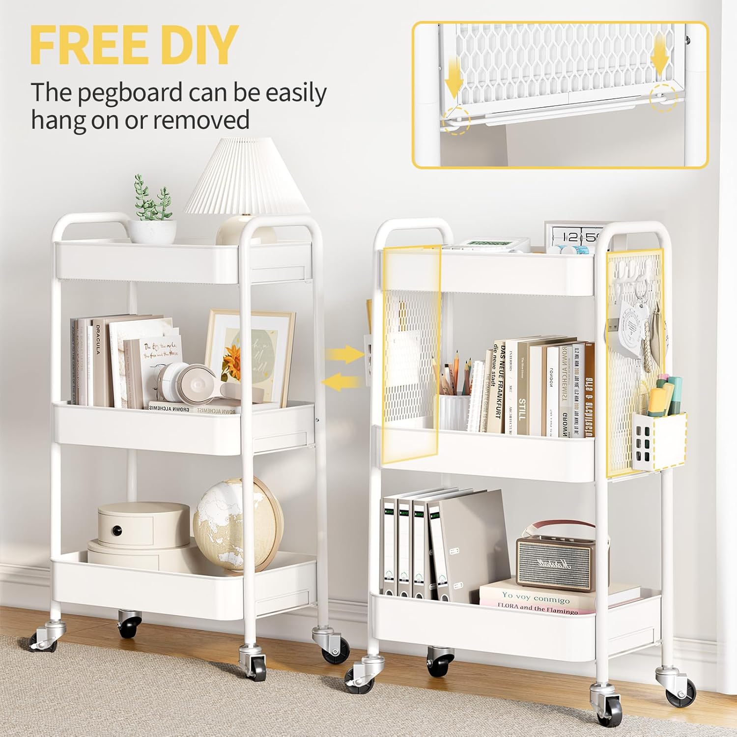 TOOLF 3 Tier Rolling Cart Storage Organizer, Metal Rolling Utility Cart with Wheels, Hooks & Bins