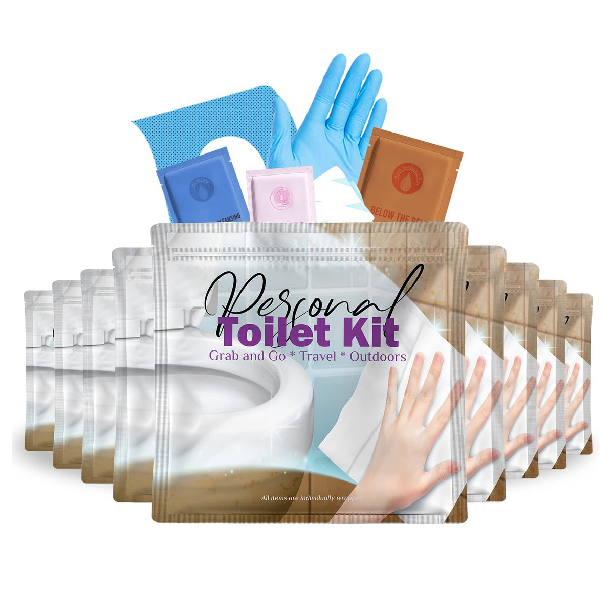 Personal Toilet Kit To Go – 10 Pack | Disposable Public Restroom Kit | Individually Wrapped for