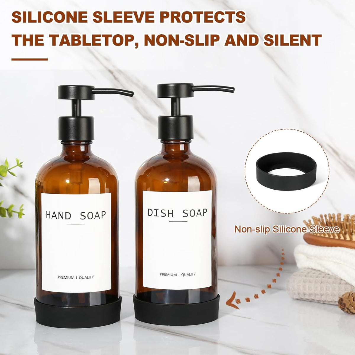 Amber Glass Soap Dispenser 2 Pack, Hand Soap Dispenser Bathroom with Stainless Steel Pump, 16.9 Fl