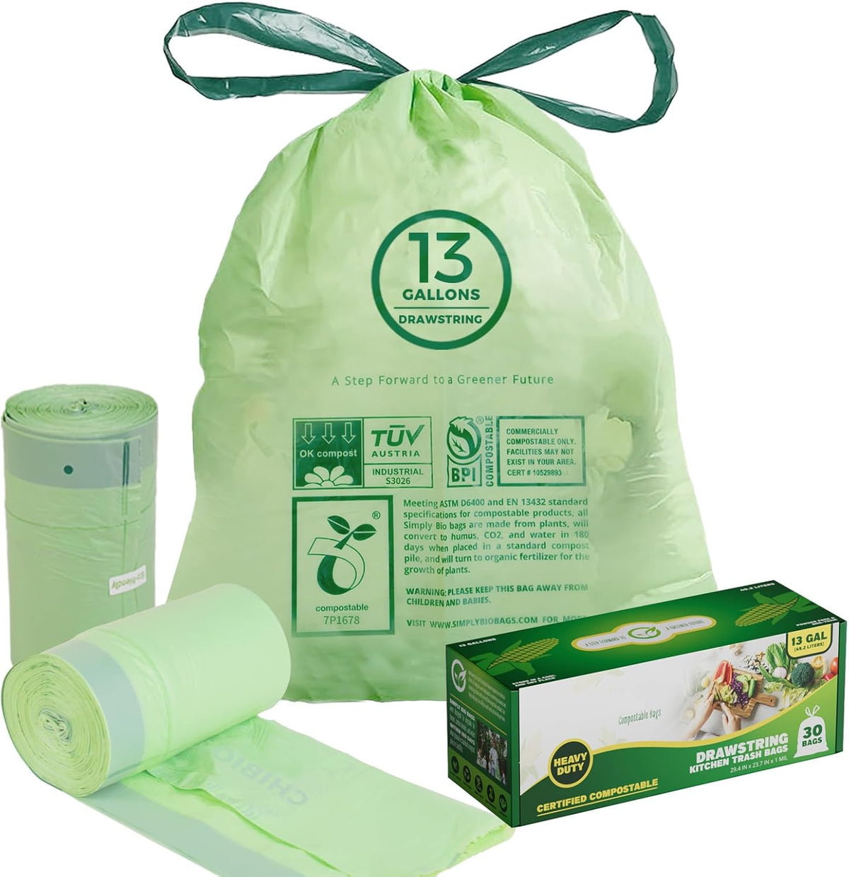 13 Gallon Compostable Trash Bags with Drawstring, Heavy Duty Extra Thick 1 Mil, 49.21 Liter, 30