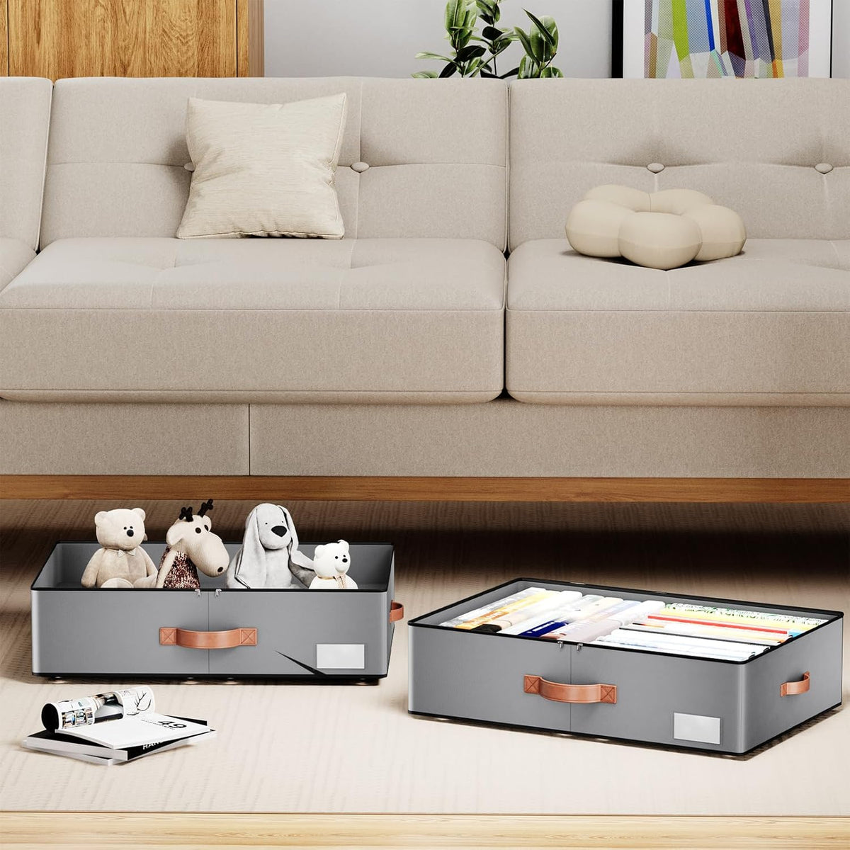 Under bed Storage With Wheels,Large Capacity 7.5 inches Height Storage Bins,Rolling Under bed Shoe