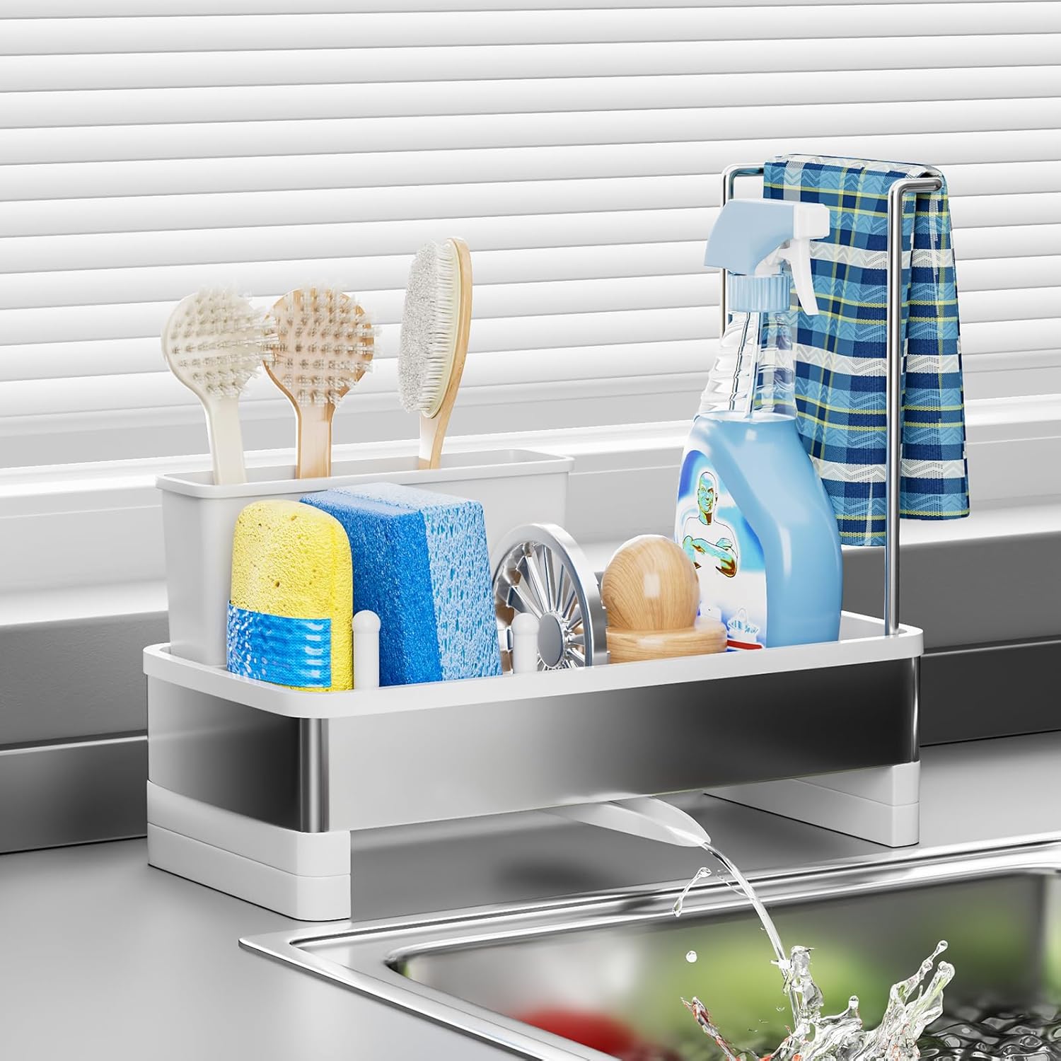 Stainless Steel Sink Caddy, Sponge Holder for Kitchen Sink with Brush Holder & Dishcloth Rack