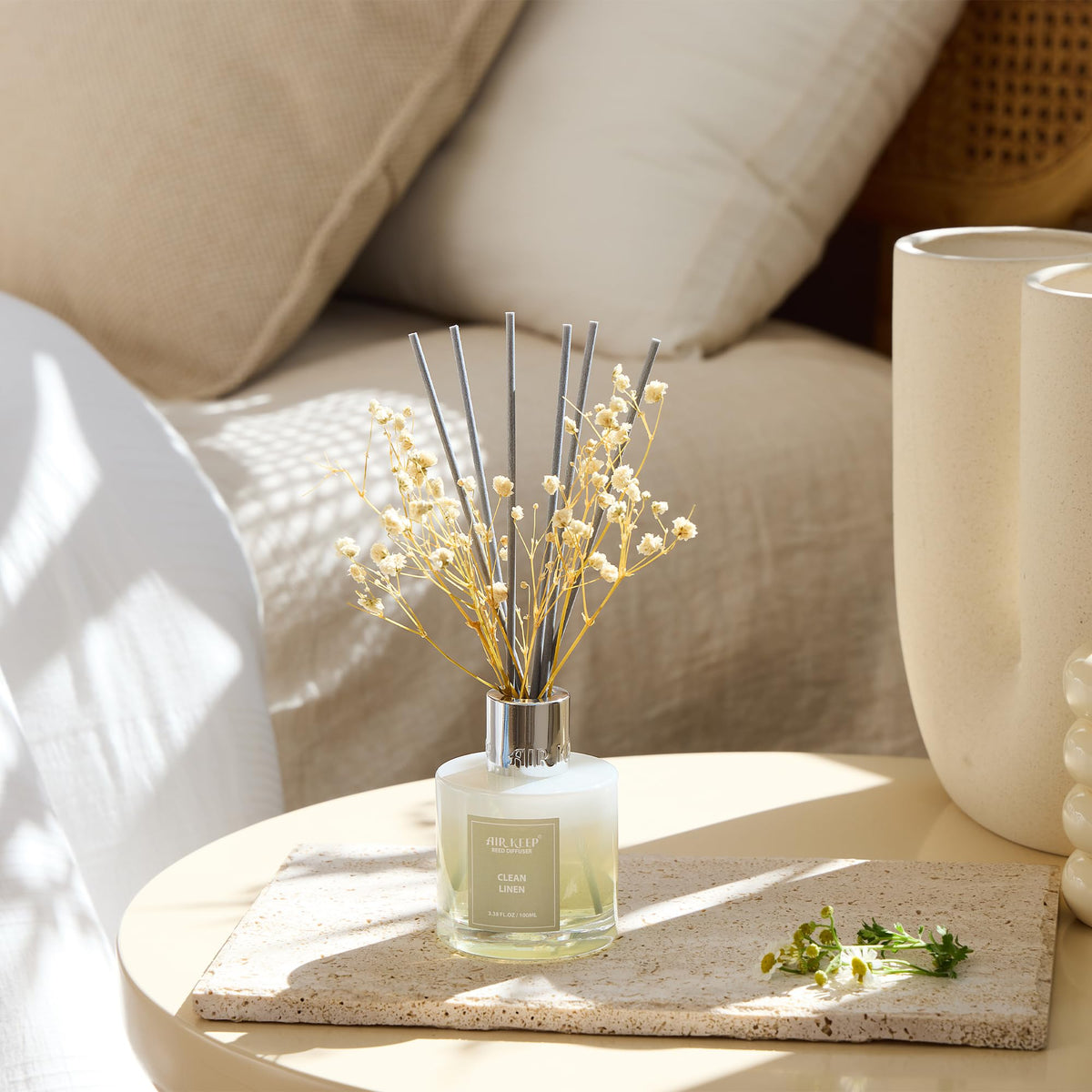 Airkeep Reed Diffuser Set,3.38 fl oz (100 ml) - Clean Linen Oil Diffusers with 8 Reed Sticks,Home