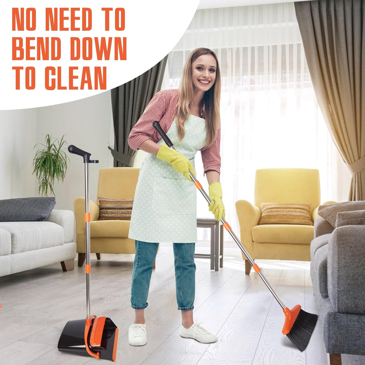 Broom and Dustpan Set with Long Handle, Light Weight Stainless Steel Poles Stand Upright Dustpans