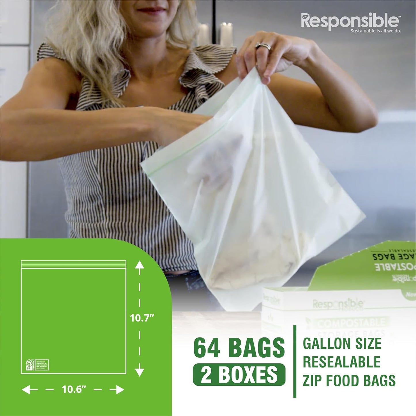 Certified Compostable Large GALLON Resealable Zip Bag, Extra Strength Food Bags, Made from Plant