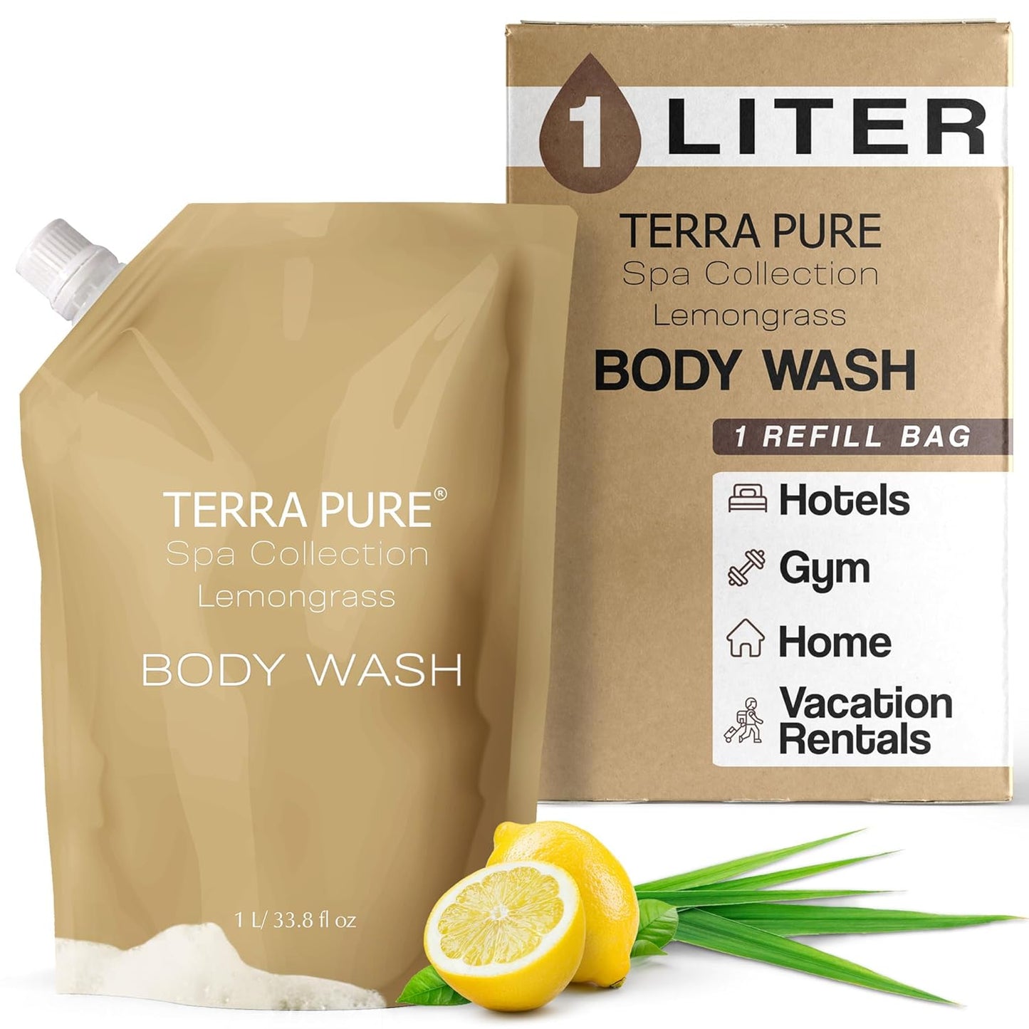 Terra Pure Spa Collection 1 Liter Body Wash Refill Bag For Soap Dispensers | Bulk Toiletries for