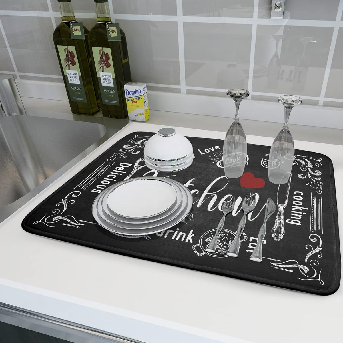 Black Coffee Bar Dish Drying Mats for Kitchen Counter 18x24 Inch, Kitchen Drying Mat, Kitchen