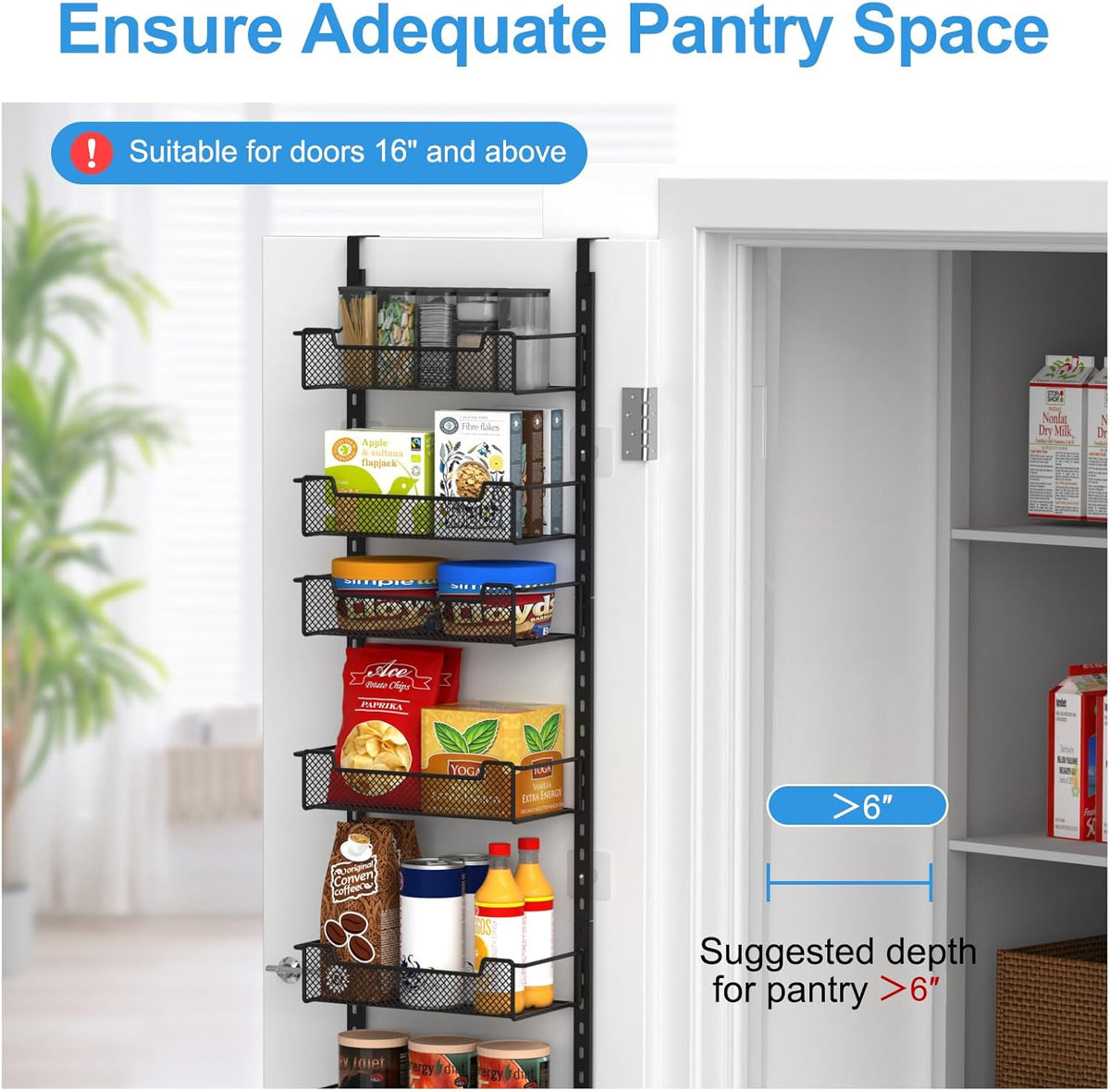 12.3" W Narrow Over the Door Pantry Organizer, 6-Tier Over the Door Organizer with Adjustable