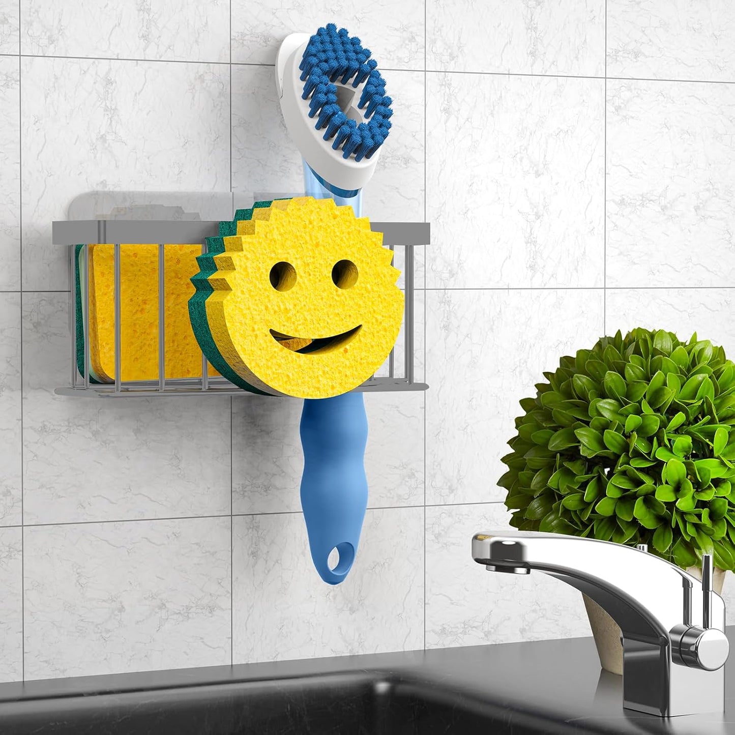 Sponge Holder Smiley Face,Sink Caddy for Kitchen Sink,Sponge Holder with 2 PCS Suction Cups/1 PCS