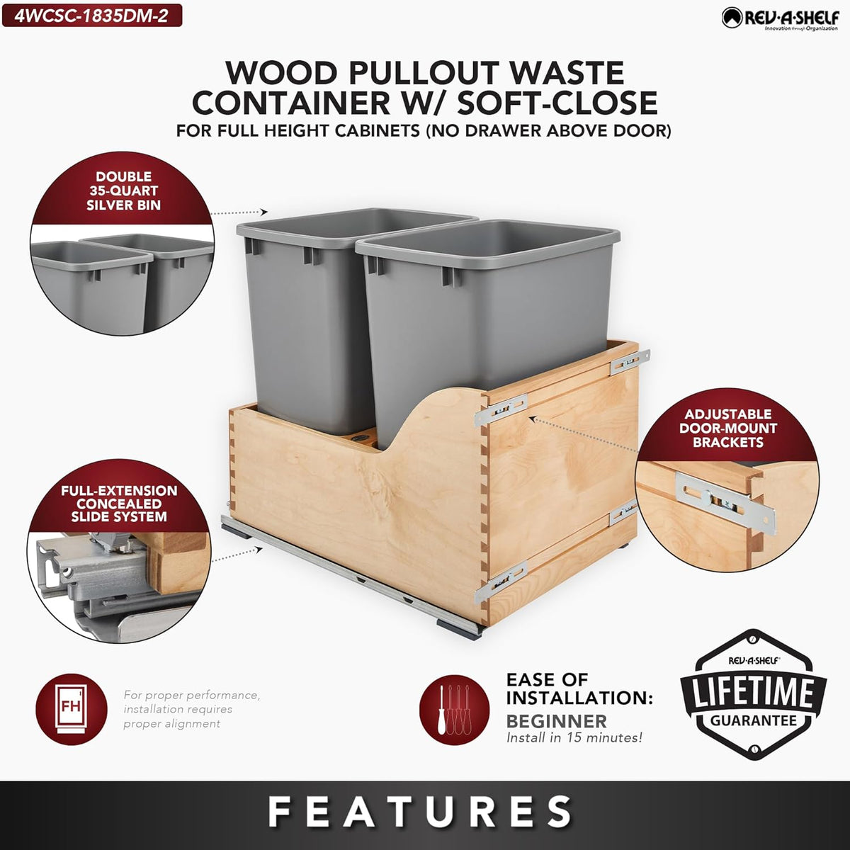 Rev-A-Shelf Pullout Trash Cans for Kitchen Cabinet, Dual 35 Qt Bins with 15" Wood Frame - Large