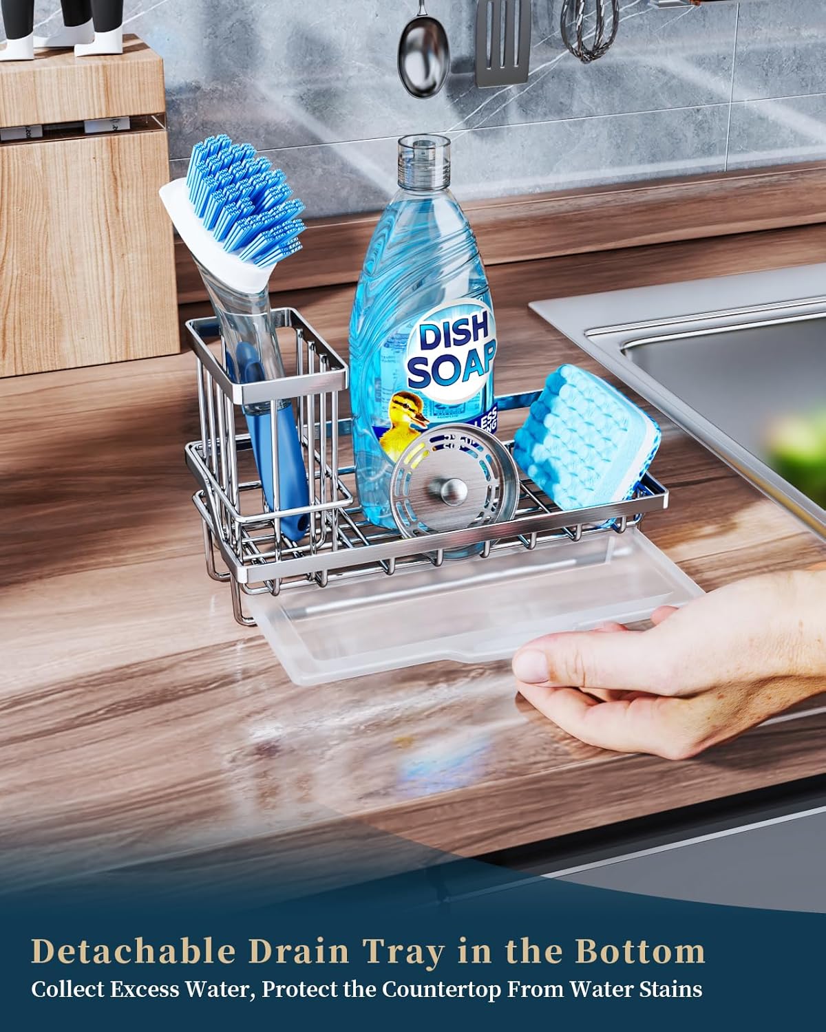 Consumest Sink Caddy, Kitchen Sponge Holder with Dish Brush Holder, Kitchen Organizer with Drip