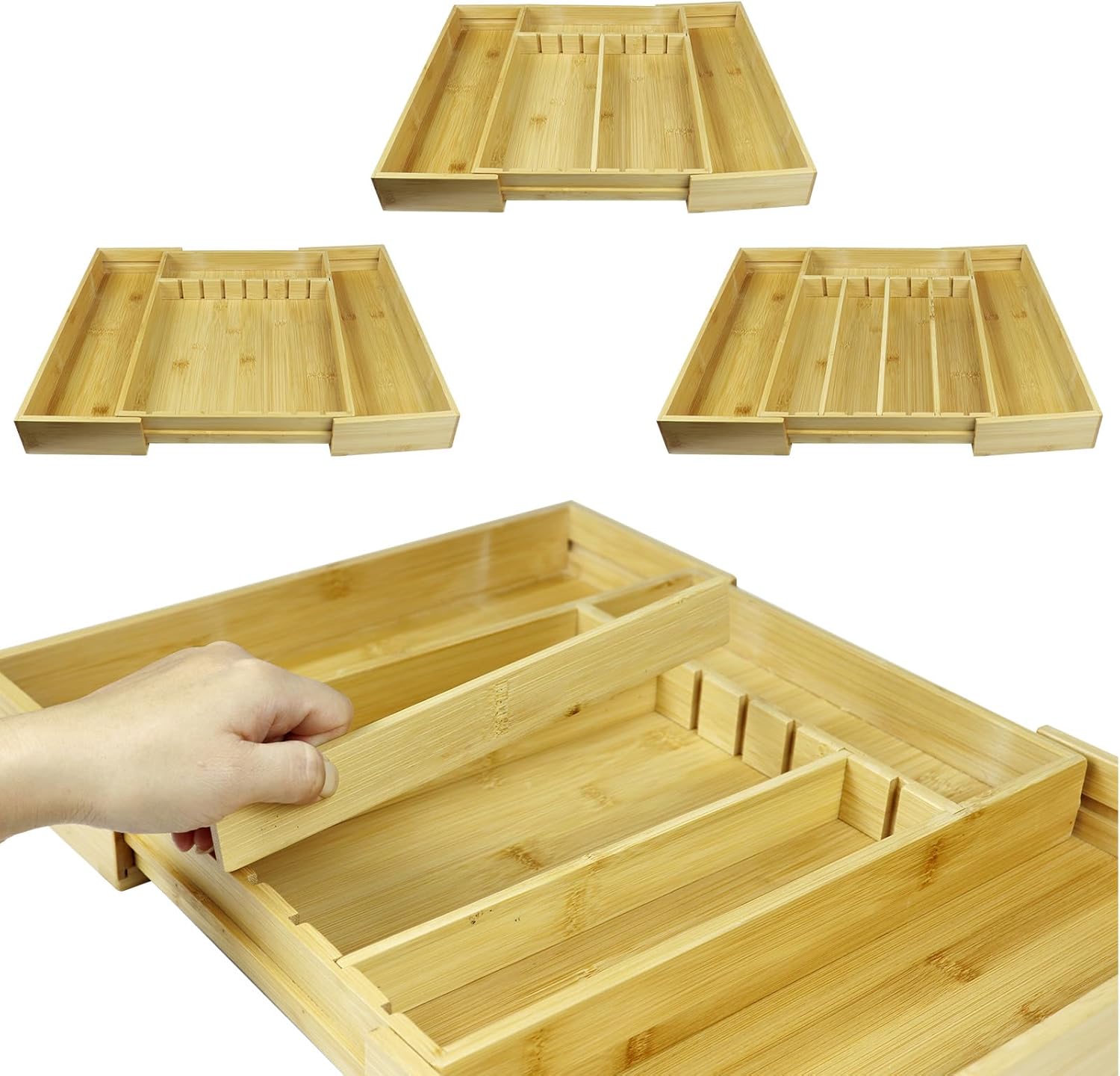 Kitchen Bamboo Silverware Drawer Organizer - Expandable Utensil Organizer for Flatware, Adjustable